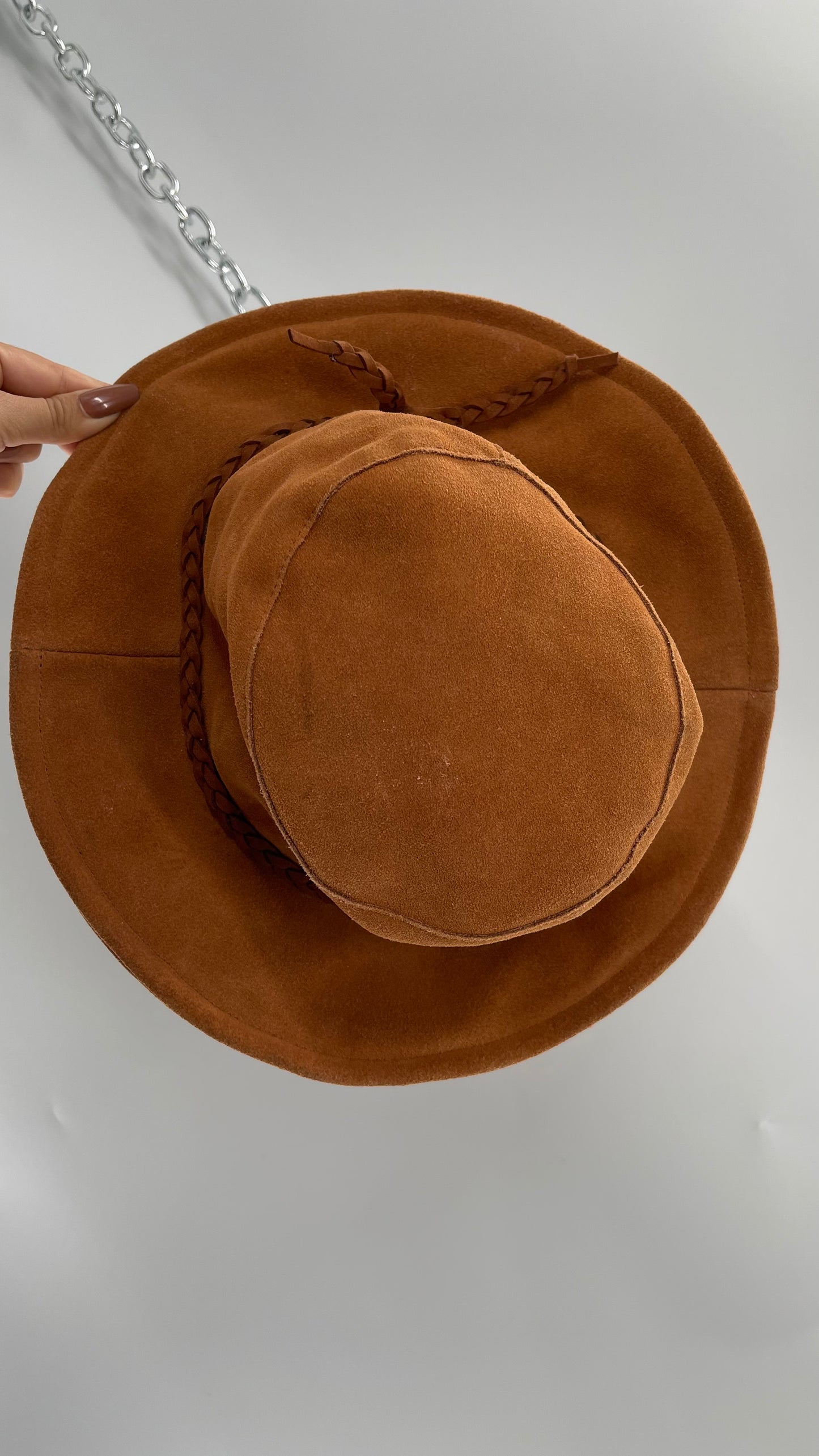 Free People Burnt Orange Suede Genuine Leather Sun Hat with Braided Belt