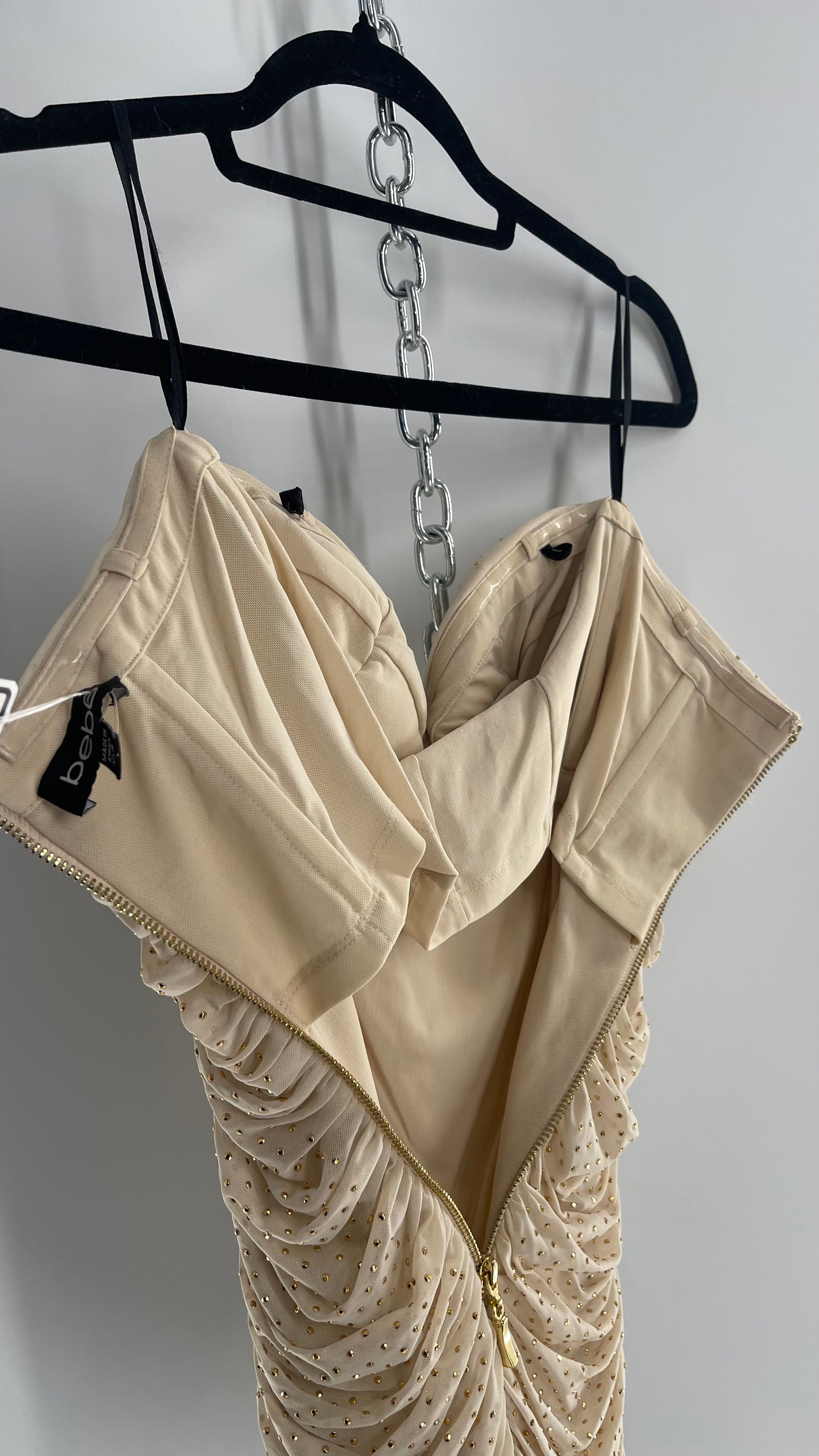 Vintage BEBE Beige Gold Studded, Ruched Mini Dress with Built In Corset (XXS)