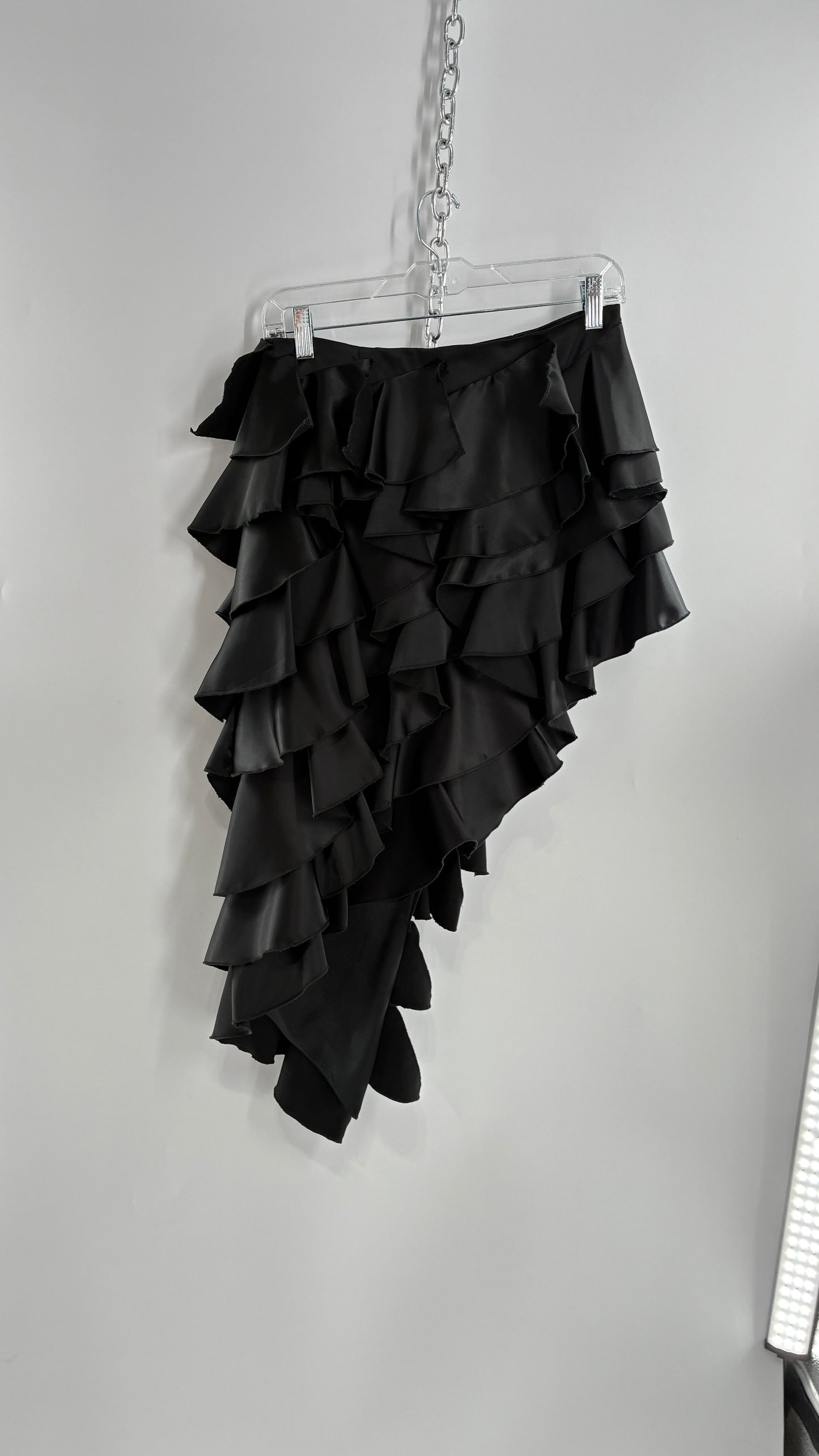 Deadstock Rare 1990s Vintage FRILLY LILLY Black Ruffled Asymmetric Skirt (8)