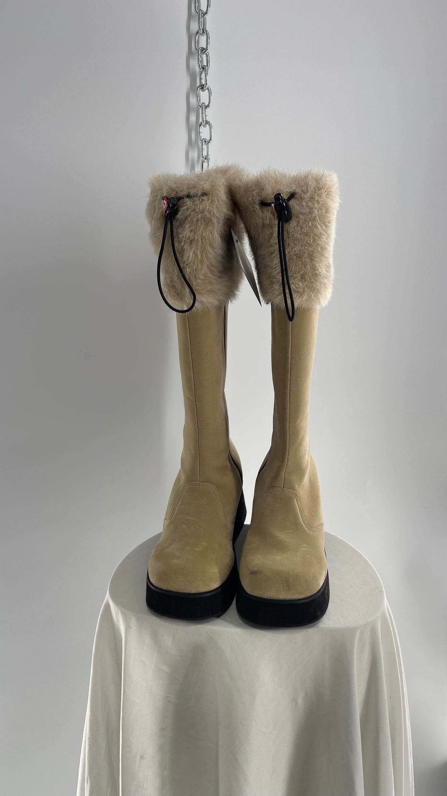 Vintage Faux Fur Trim Tan Platform Wedge Knee High Boots (6)