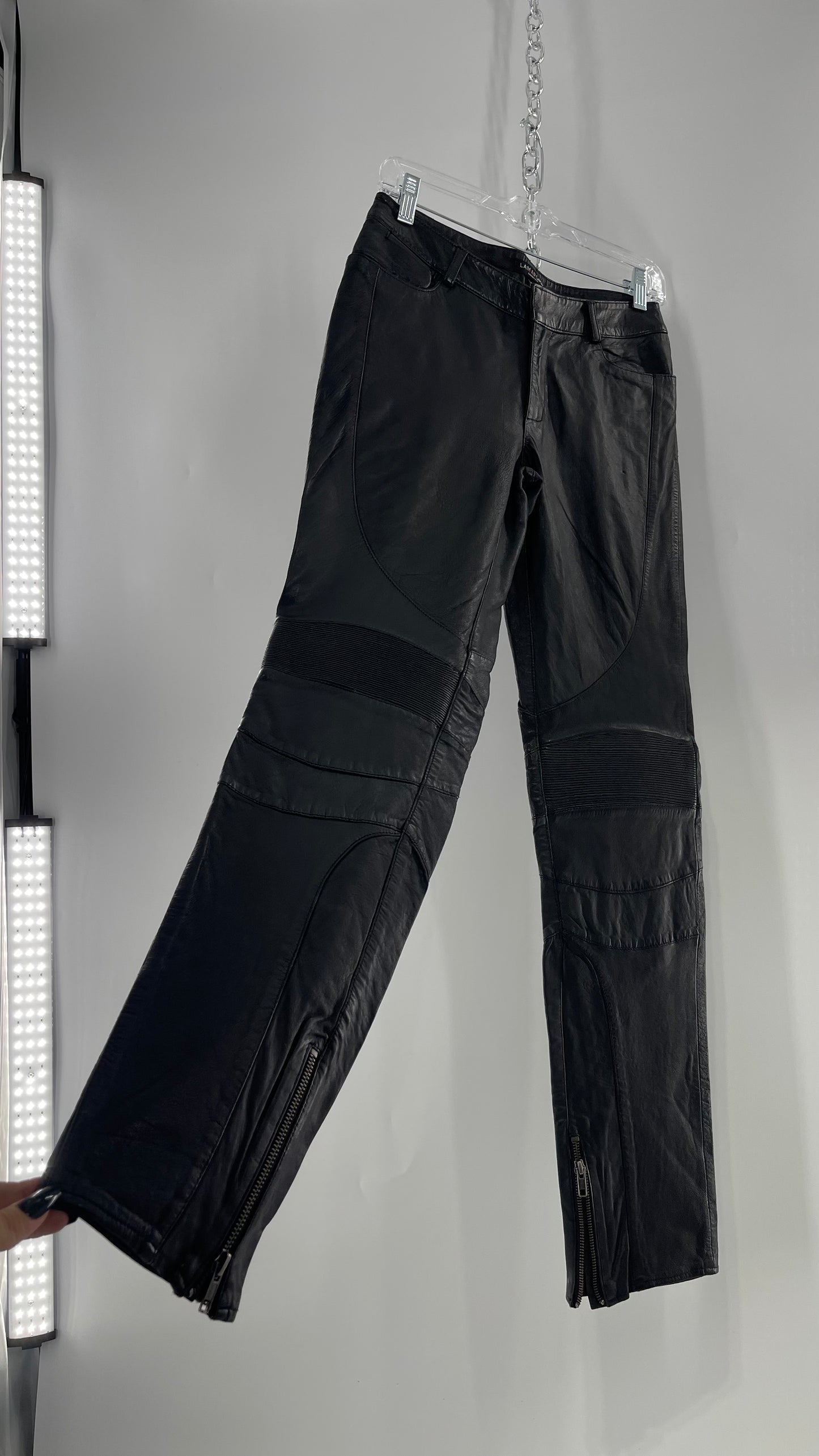 LAMARQUE 1990s Collection Vintage Black Leather Moto Style Pant with Panels, Ribbing and Zipper Details (6)