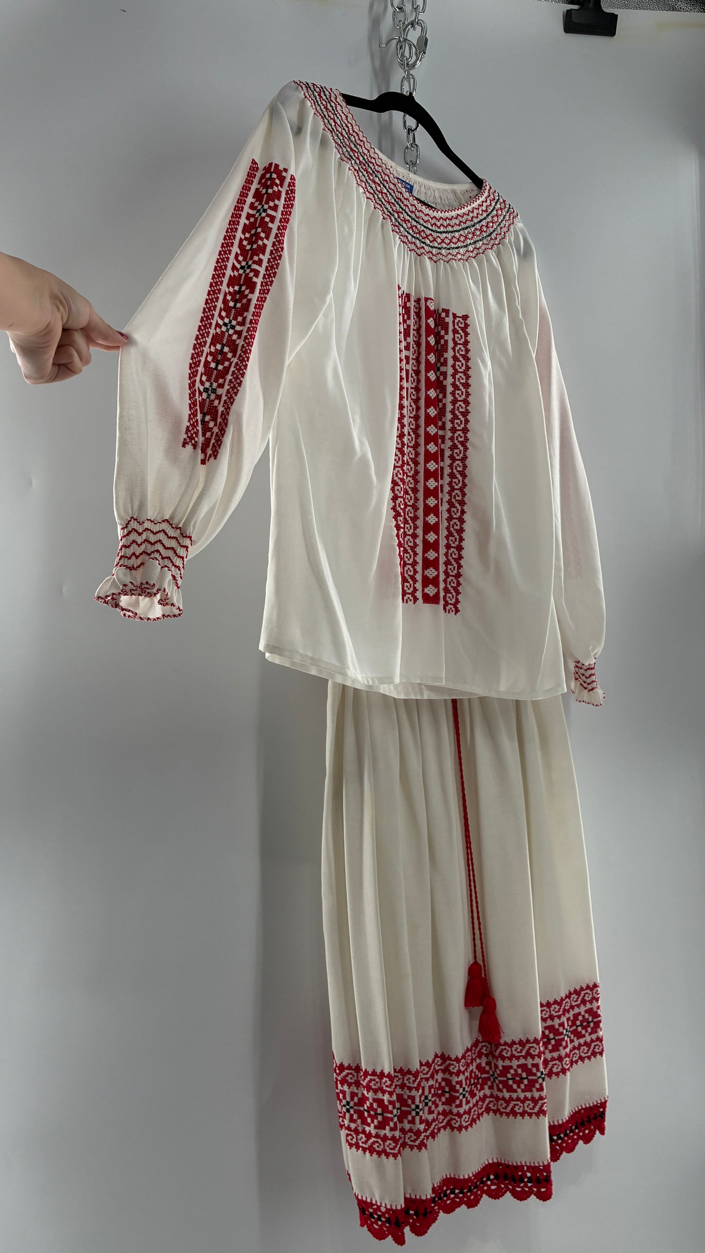 Vintage 1970s LUX FOLKLOR Budapest Handmade Cotton Long Sleeve and Skirt Covered in Red Embroidery and Stitching