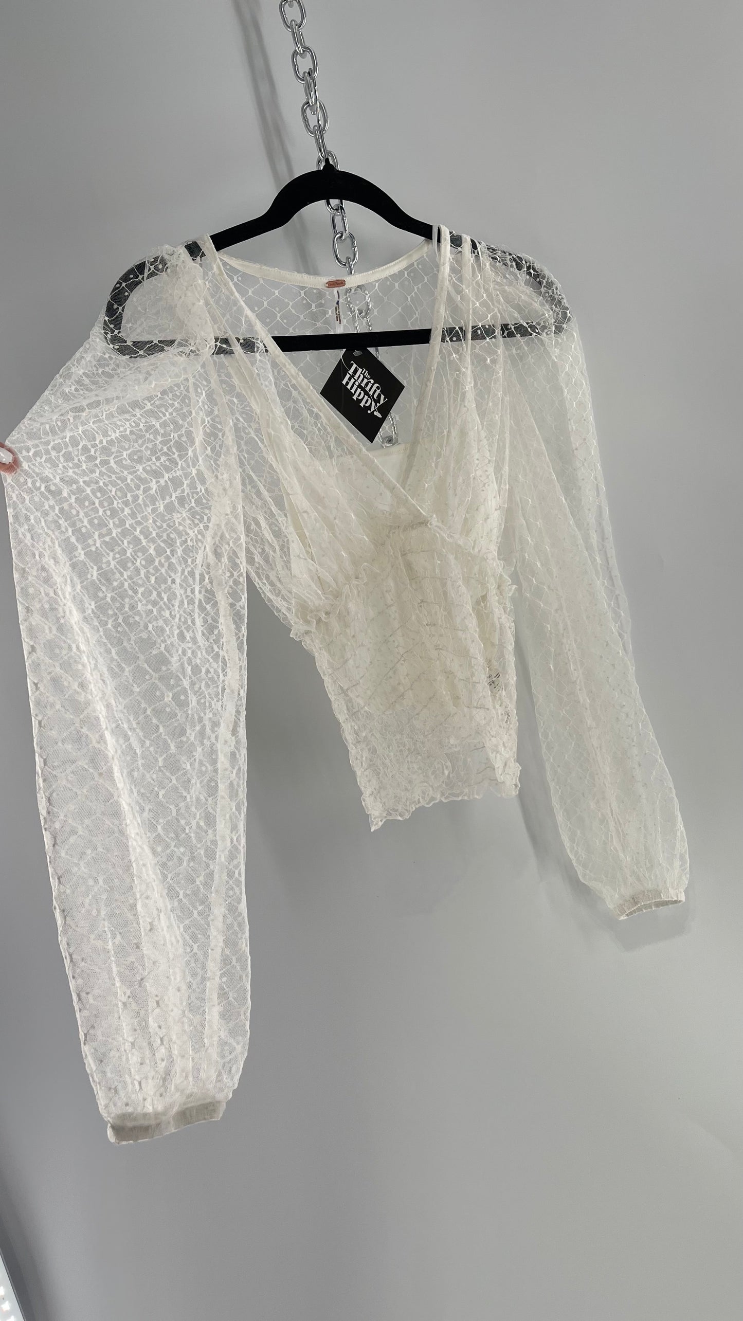 Free People White Embroidered Mesh Blouse with Keyhole Back and Balloon Sleeves (XS)