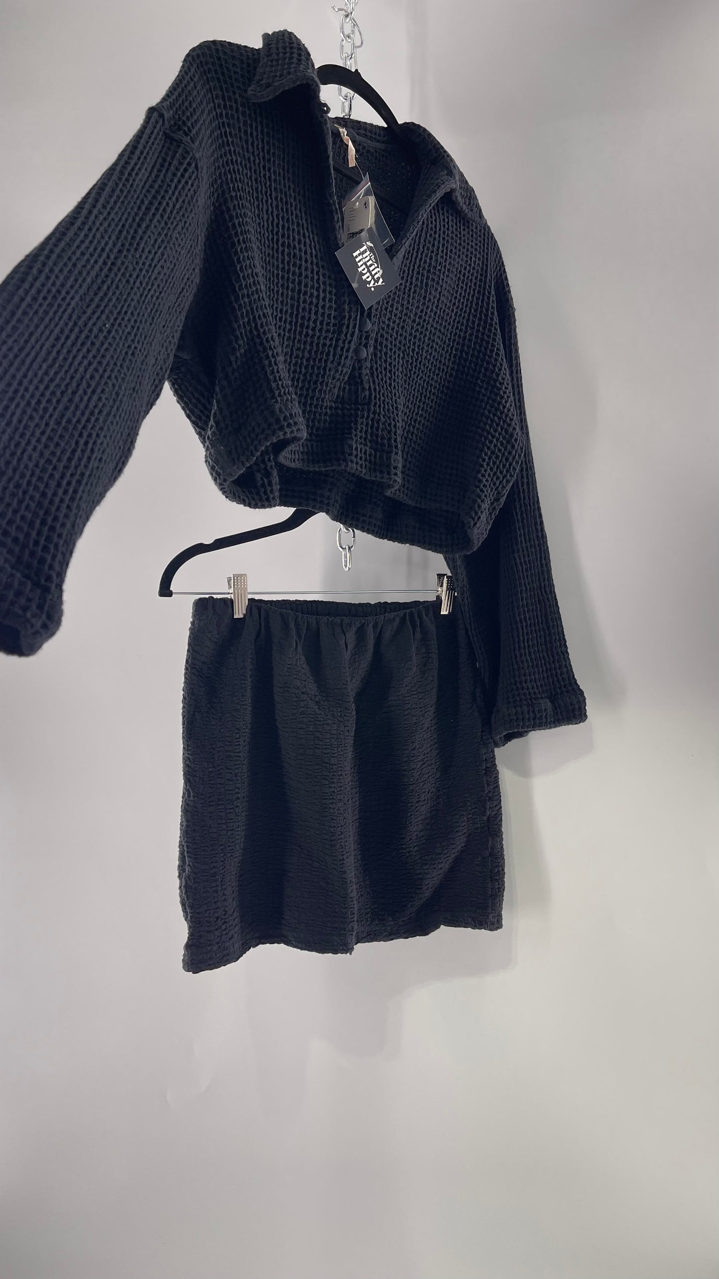 Free People Waffle Knit Black Cropped Button Up and Skirt Set with Tags Attached (Small)