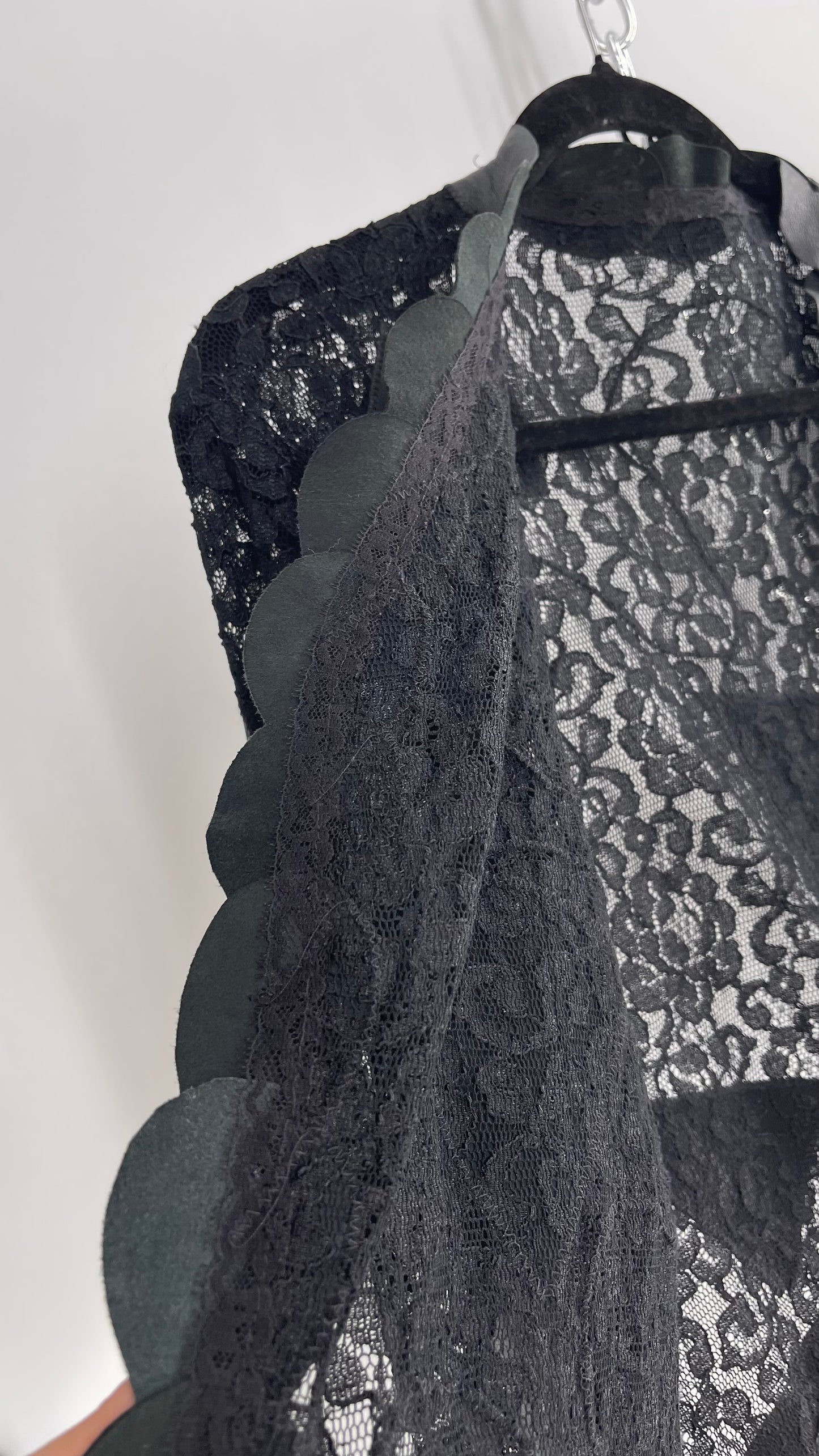 Vintage Black Lace Jacket with Genuine Black Leather Patches and Lining (M/L)
