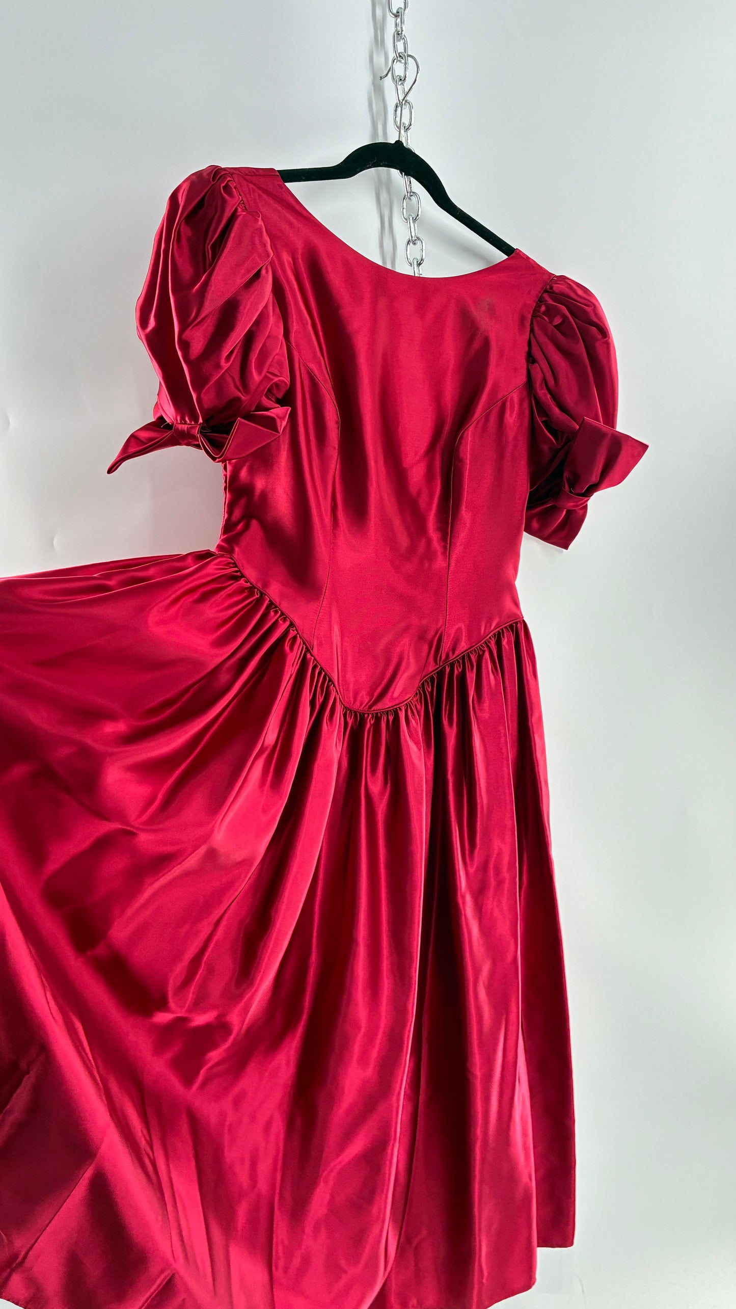 Vintage Red Silky Satin Corset Style Dress with Sweetheart Neckline, Puff Sleeves, Oversized Bow Bum, Open Back and Draping Pearls (10P)