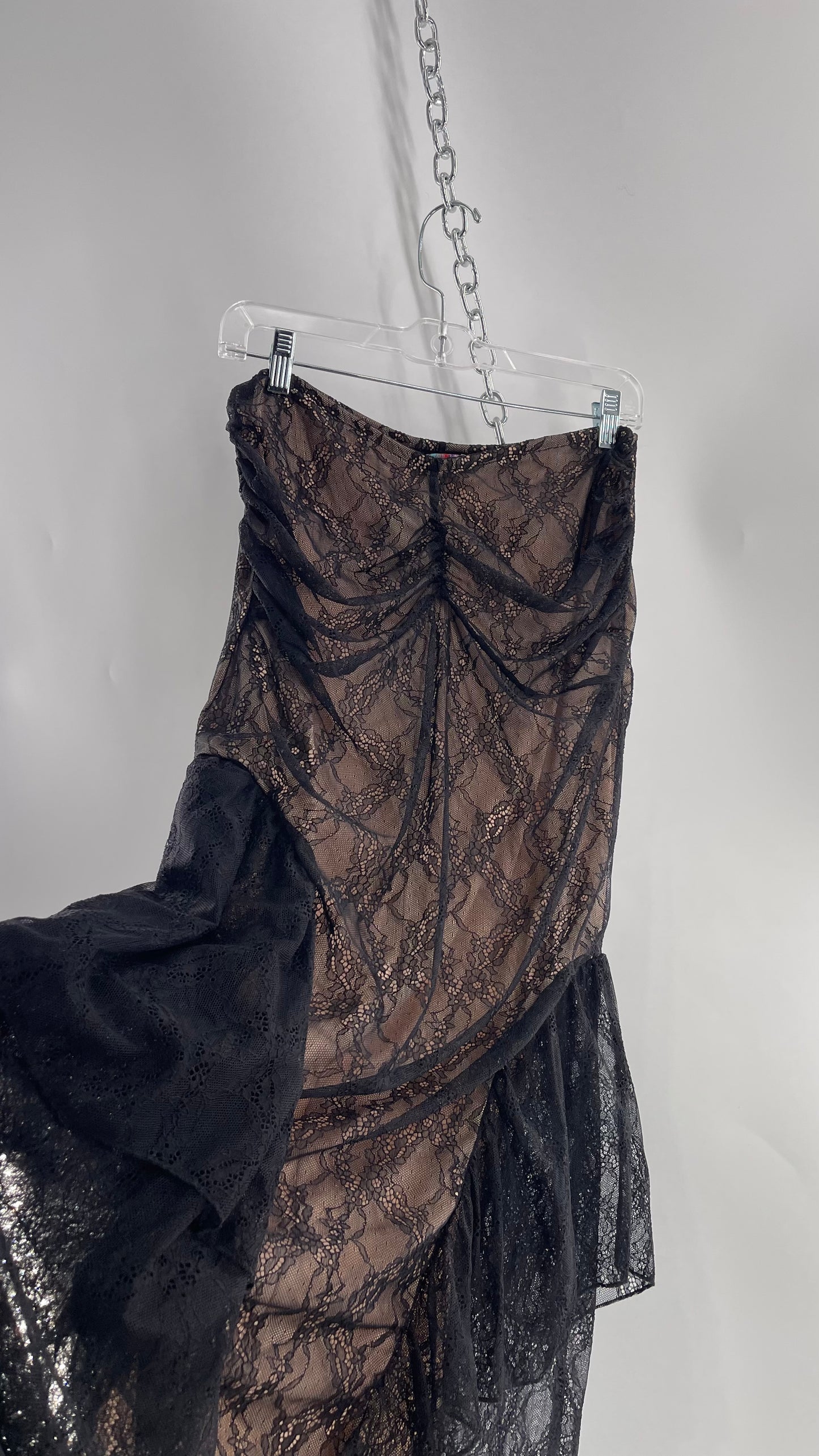 Urban Outfitters Black Lace Midi Skirt with Nude Underlay (Medium)