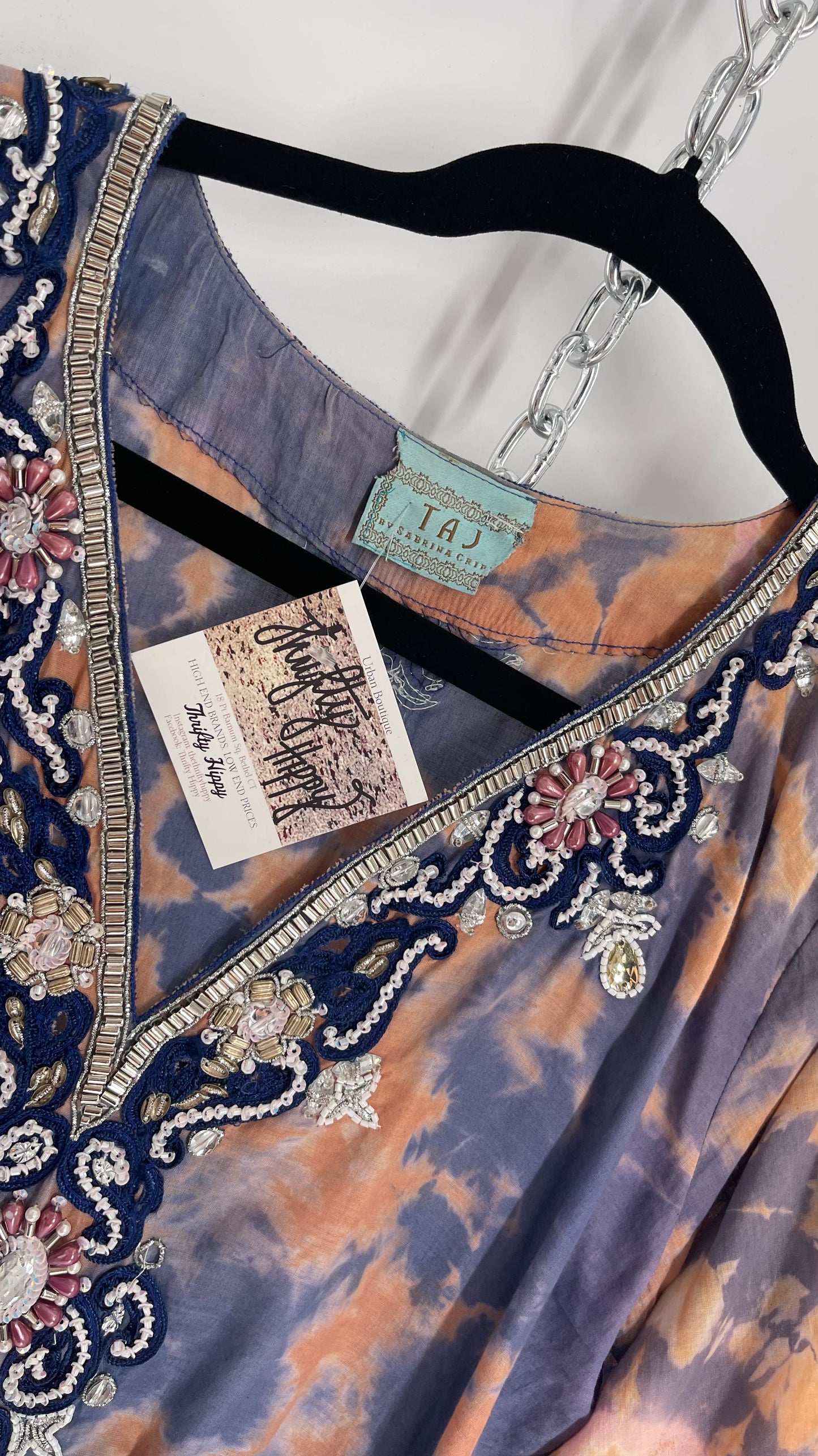 TAJ by Sabrina Crippa Tie Dye Blouse with Gemstone Encrusted Neckline and Ruched Beaded Sleeves (S/M)