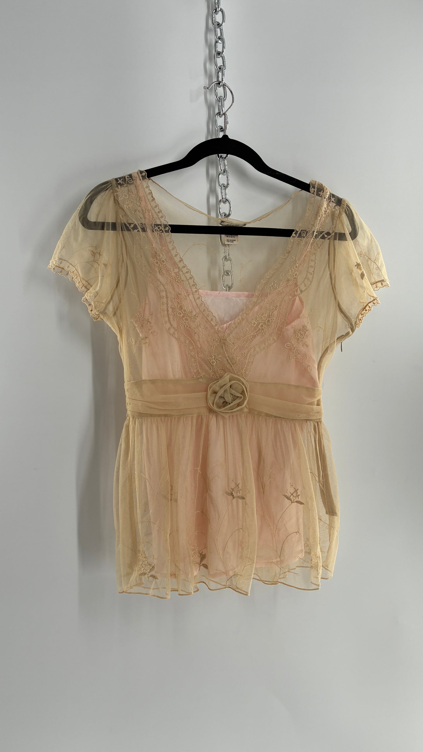 Vintage VIOLA Beige Sheer Mesh Blouse with Embroidered Details and Underbust Rosette (6)