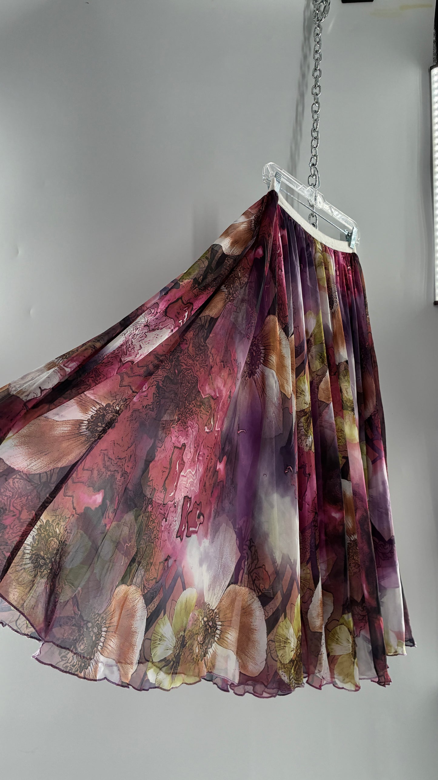 Vintage Full Length Silky Graphic Florals Skirt (Medium)