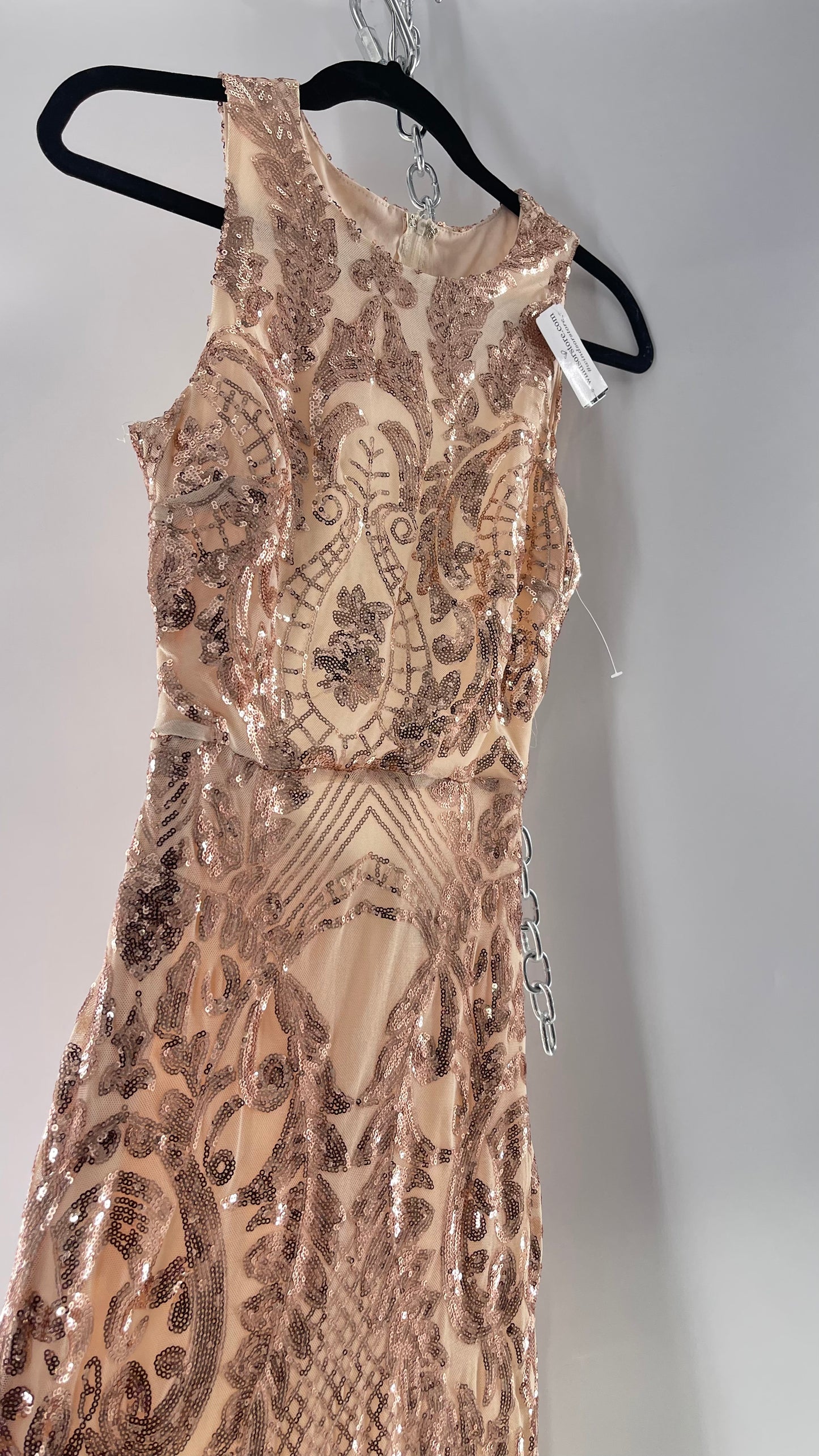 Windsor Rose Gold Sequin Maxi Dress with Side Slit Detail and Open Back (Small)