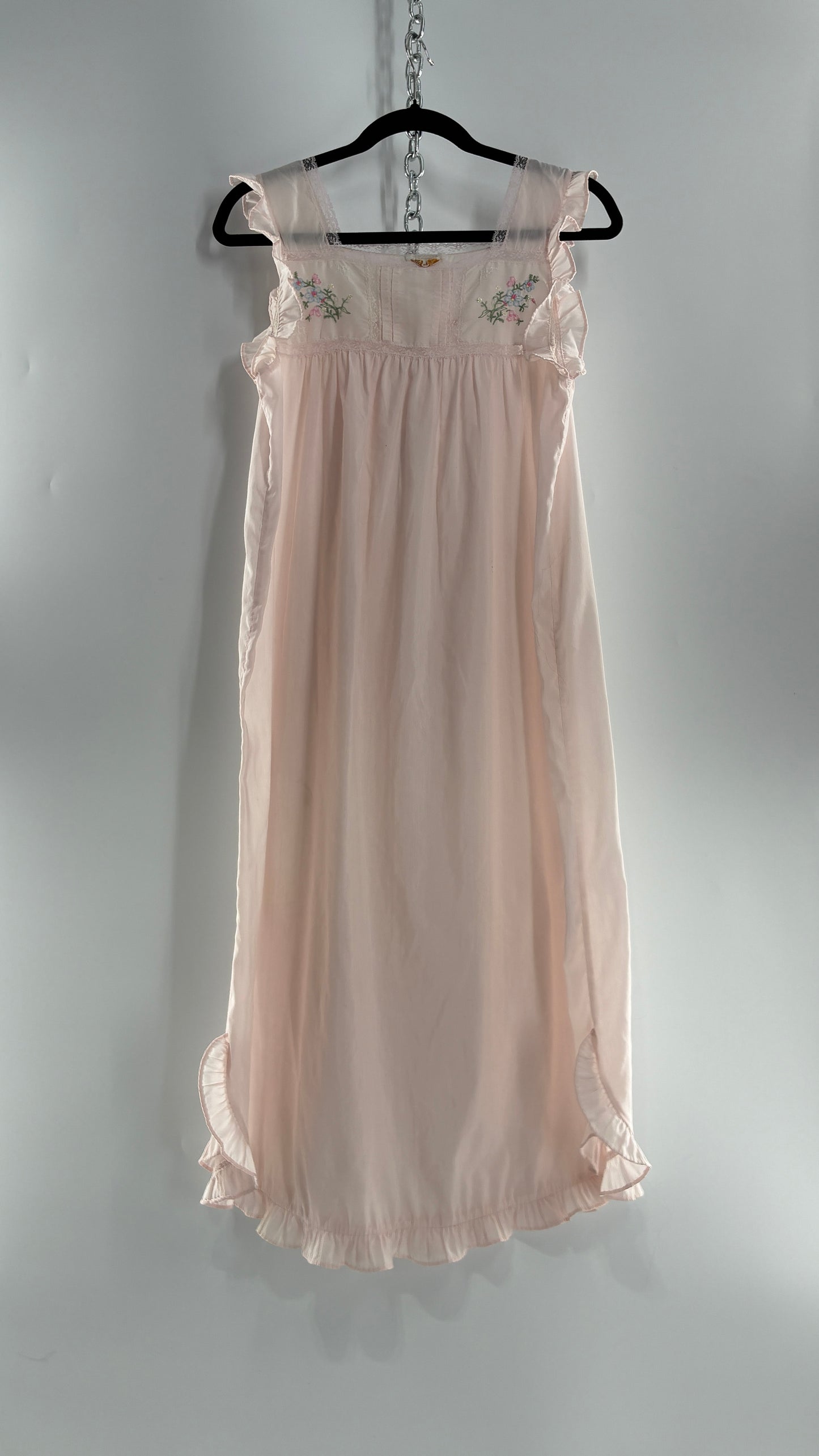 Vintage Barbarie Baby Pink Nightgown Style Dress with Embroidered Florals and Ruffled Straps