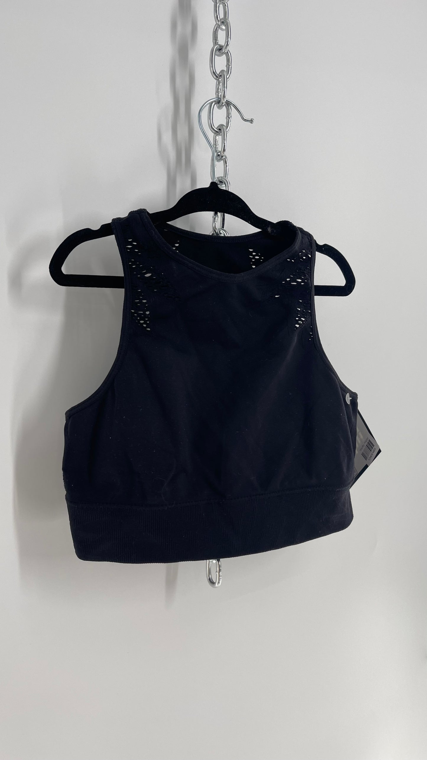 Aerie Worn Black Racer Back Spandex Sports Bra with Perforated Lace Detail (Small)