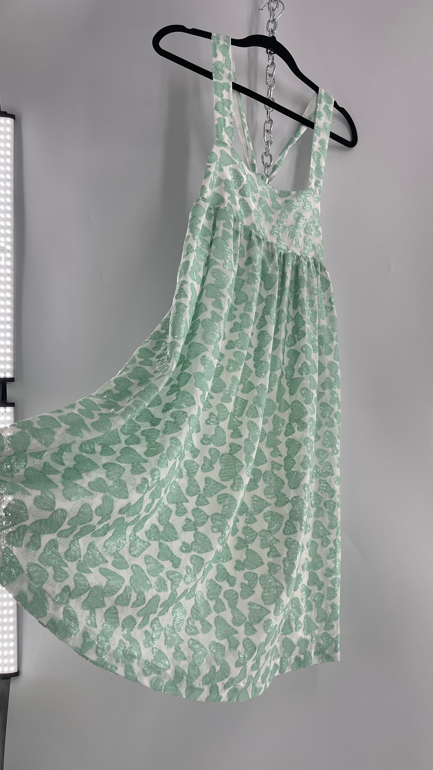 Kimchi Blue Babydoll Dress Covered in Sequin Teal/Mint Hearts (Medium)