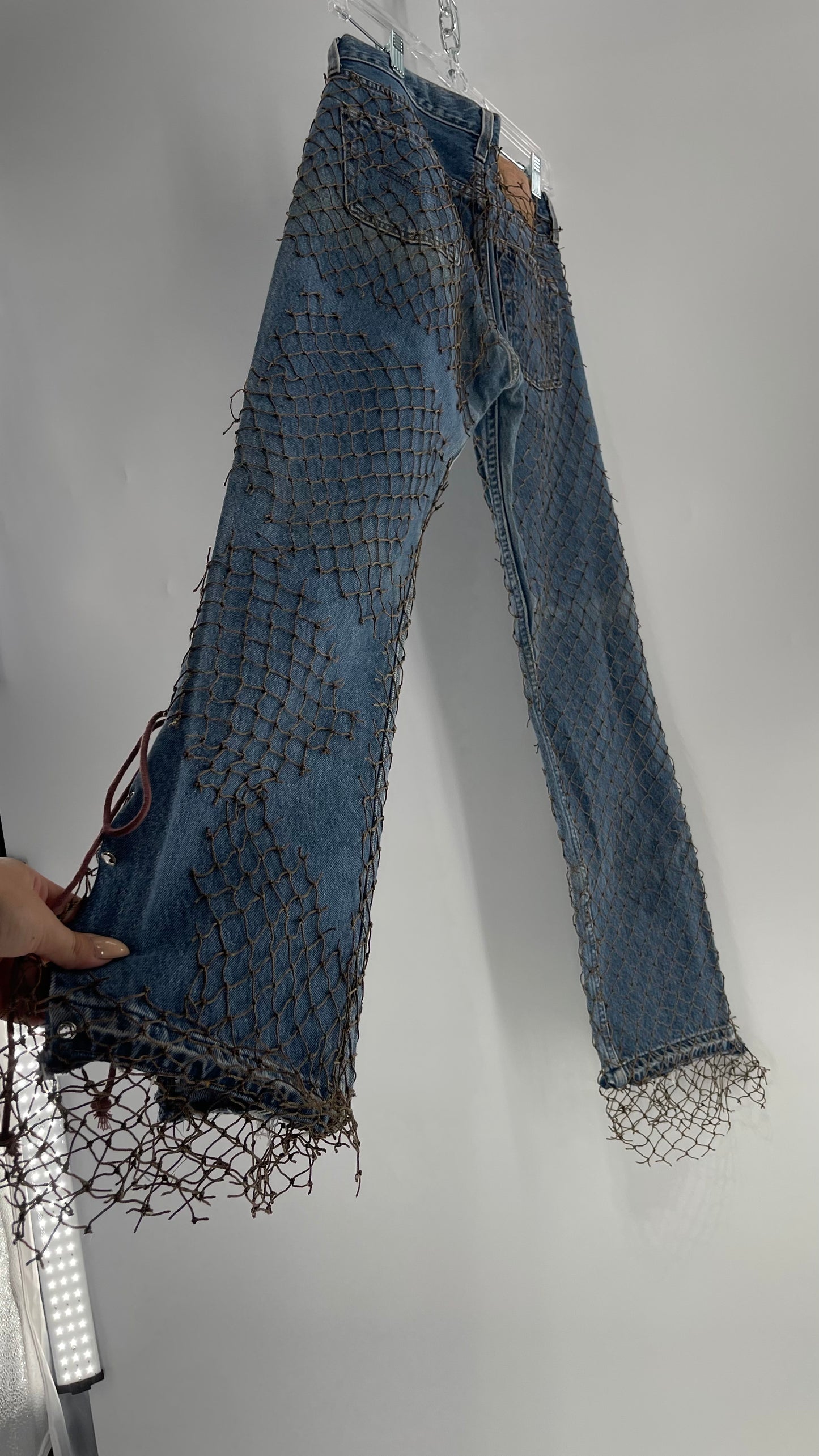 Custom - Fishnet Levi’s with Grommets and Lace Up Sides (Waist 29 Length 30) Fits Like a 26*