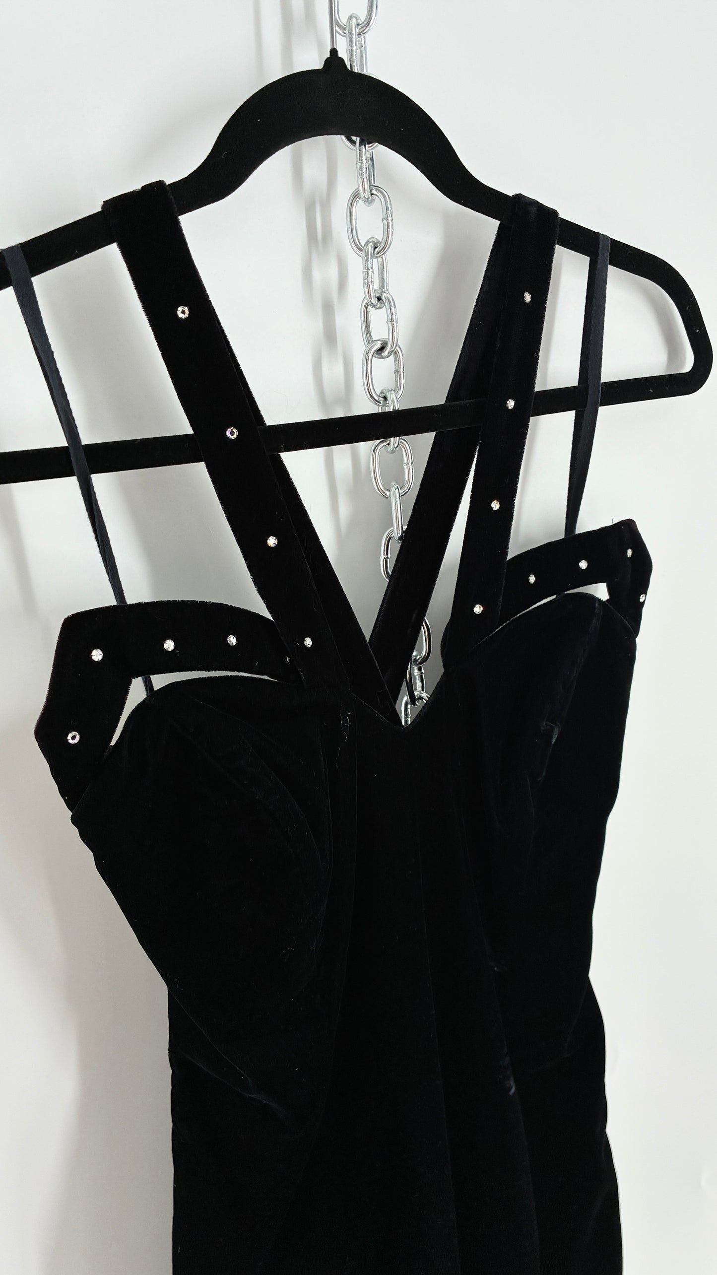 Vintage Handmade Velvet Gown with Pointed Bust Lined in Rhinestones and Dramatic Side Slit (S/M)