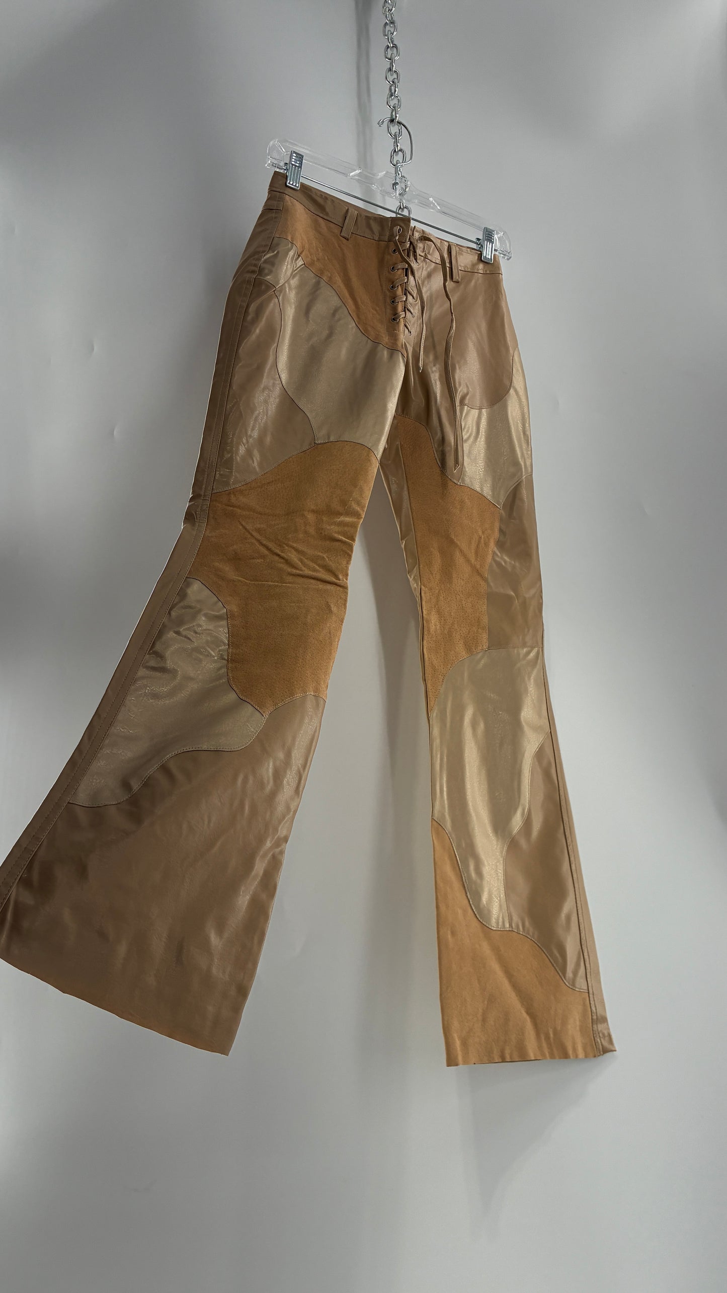 Vintage OUTER EDGE Patchwork Vegan Leather Kickflares with Tie Up Waistline (3)