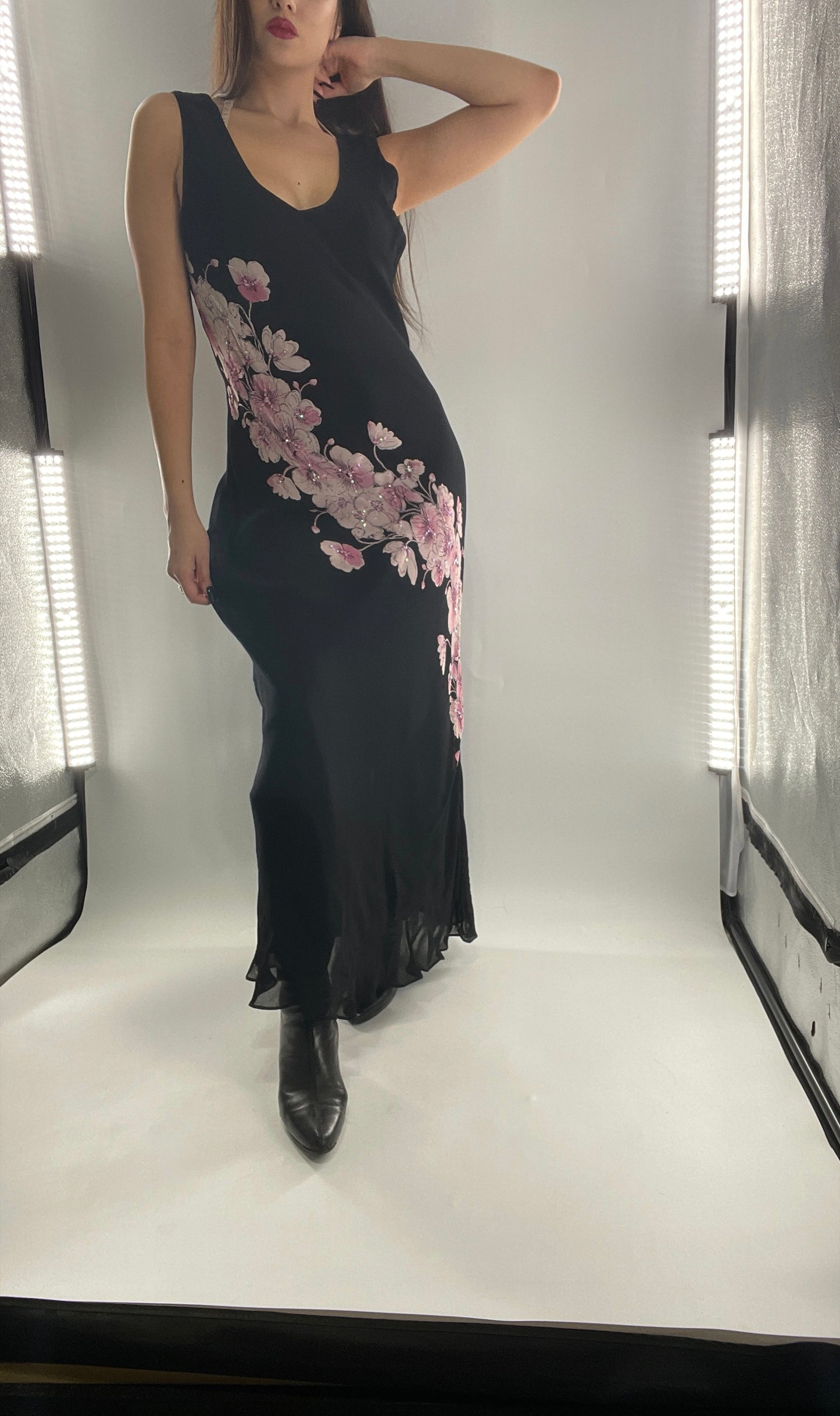 Vintage Dress Barn Black Slinky Maxi Dress with Pink Floral Graphic and Sequins (L)