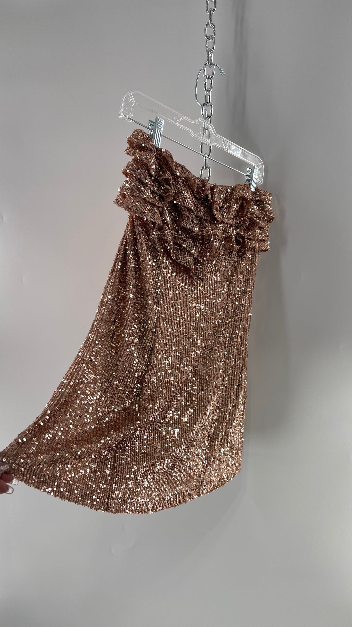 Free People Rose Gold Sequin Mini Dress with Ruffled Bust and Statement Back Zipper (4)
