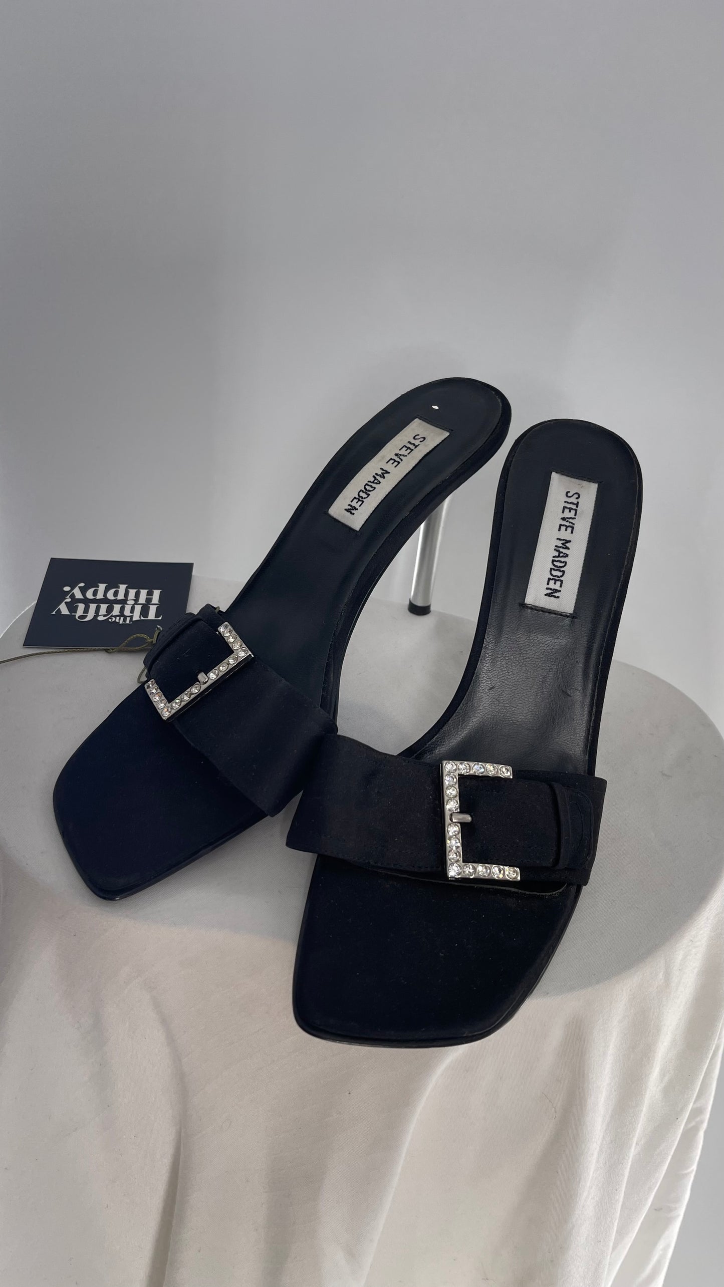 Vintage 1990s STEVE MADDEN Black Rhinestone Buckle Kitten Heel (8)