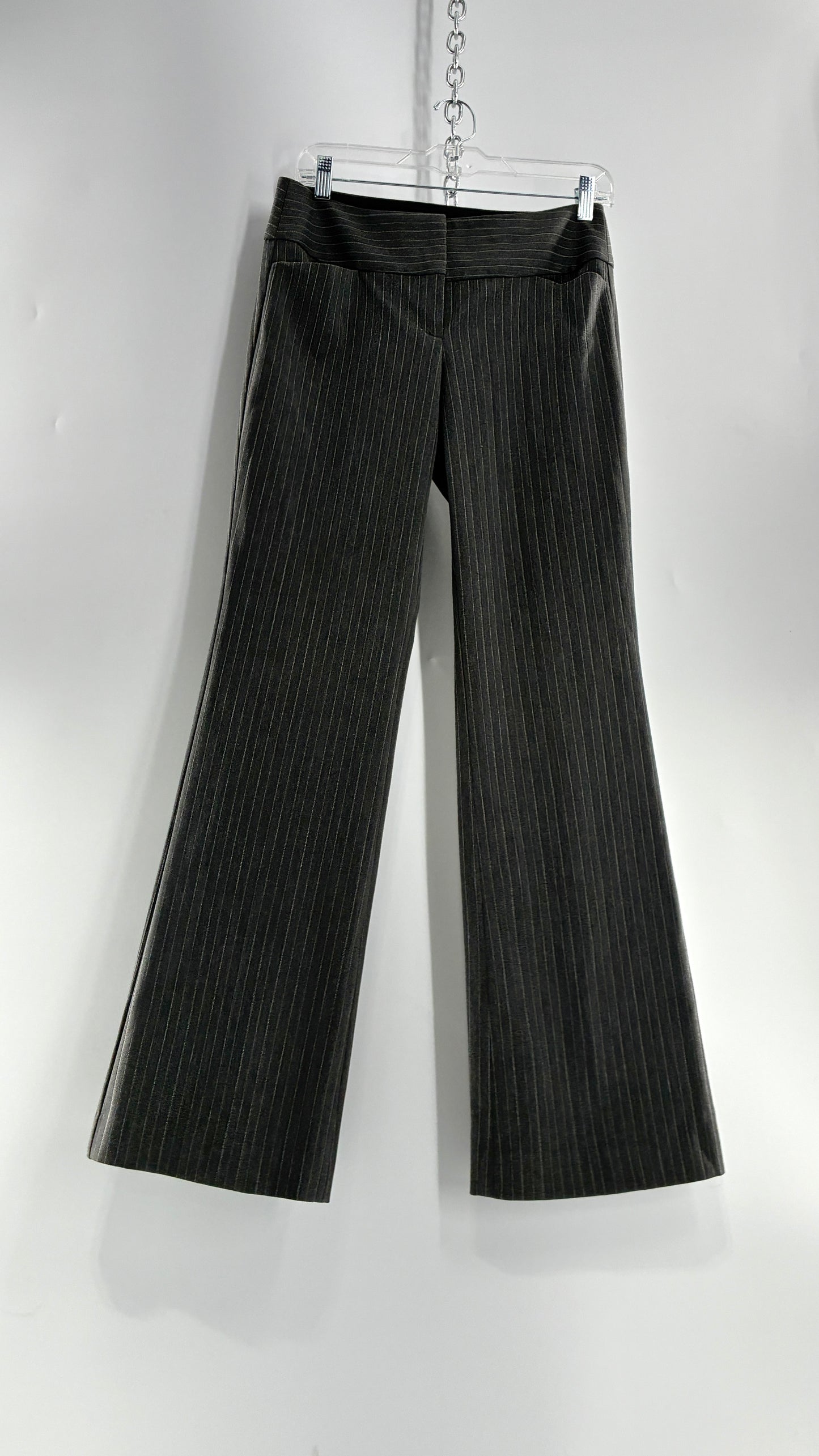 Vintage 1990s EXPRESS Editor Dark Grey Pinstripe Ultra Low Rise Thick Hip Band Kick Flares (2)