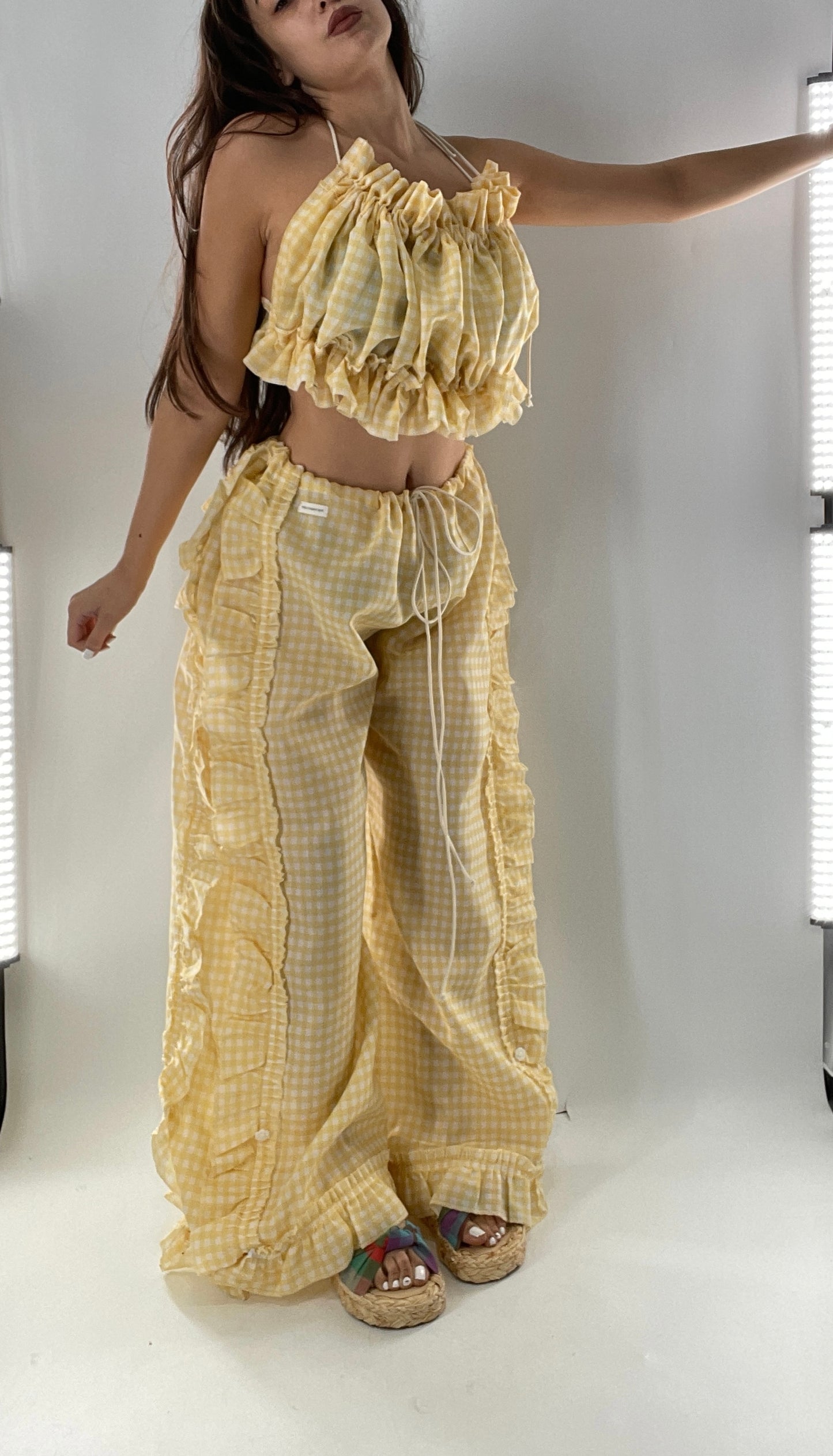 Vintage 2 Piece Yellow Checkered/Gingham Patterned Picnic Set with Ruched Bust Top and Ruffle Side Wide Legs with Adjustable Length, Strap Up Buttons on Hem (One Size)