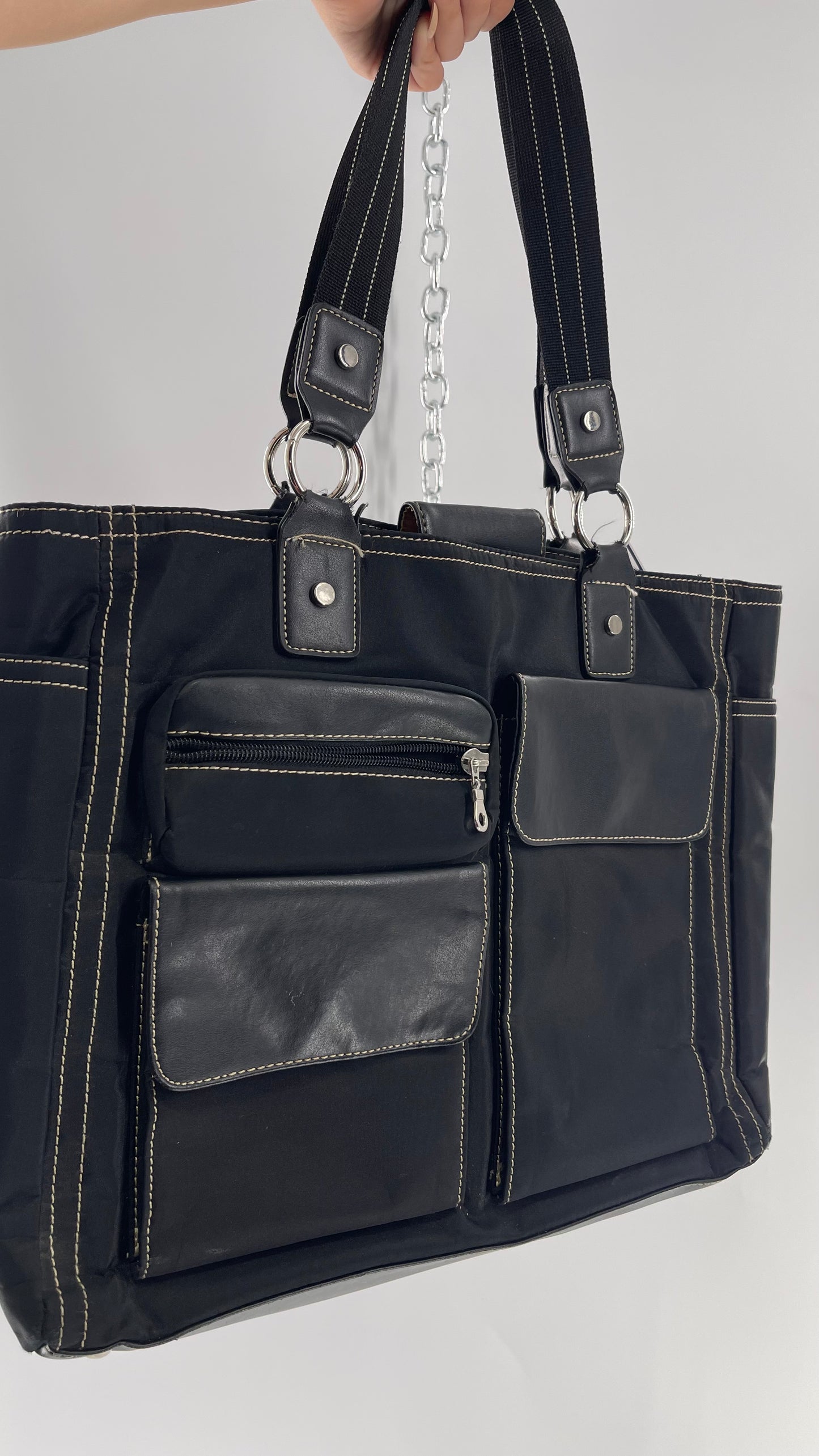 Vintage Oversized Black Exaggerated Pocket Tote Bag with Contrast Stitching