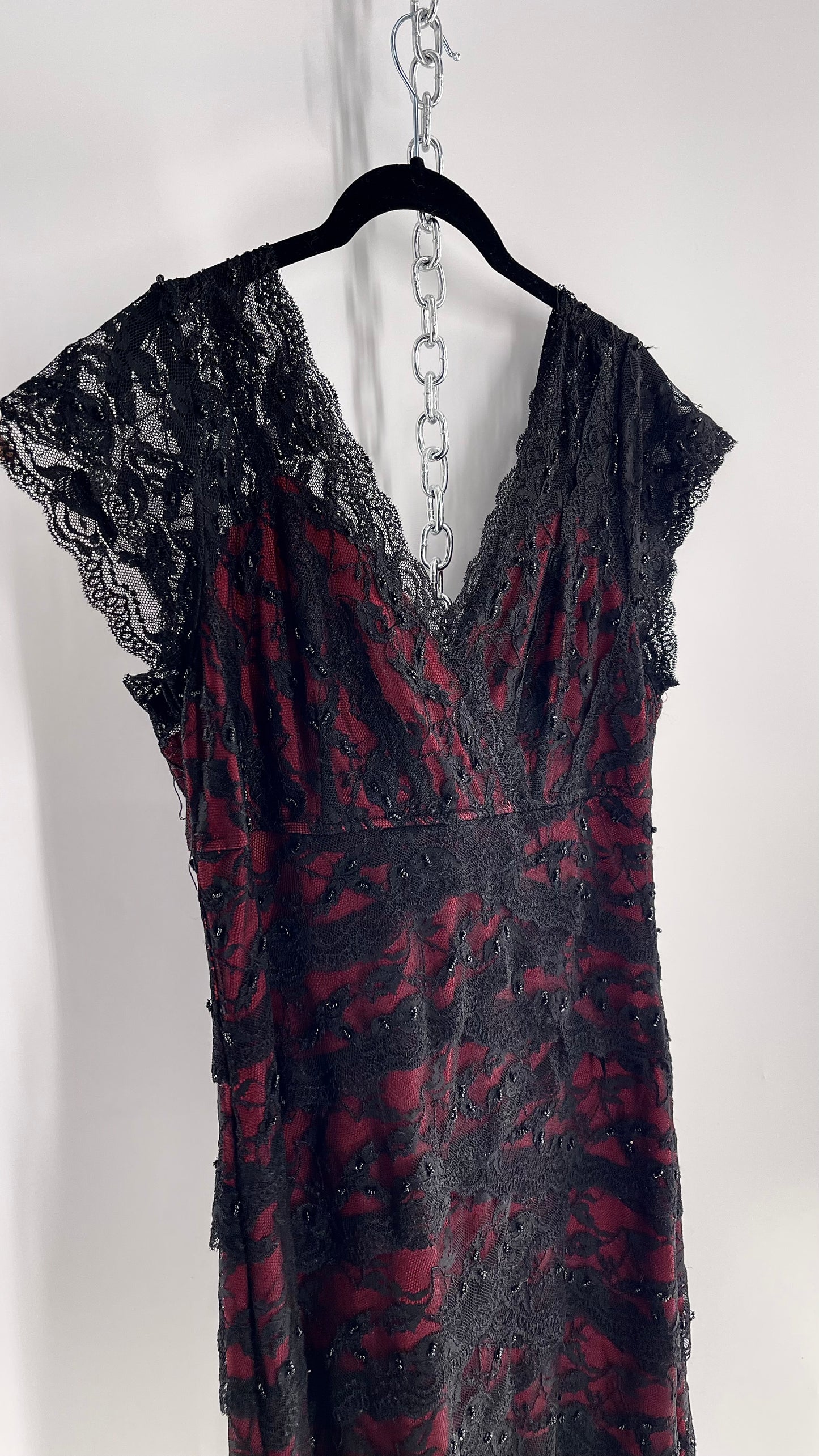 Vintage Marina Vampira Mídi Dress with Beading and Scalloped Black Lace Over Red Underlay (12) (Consigned)