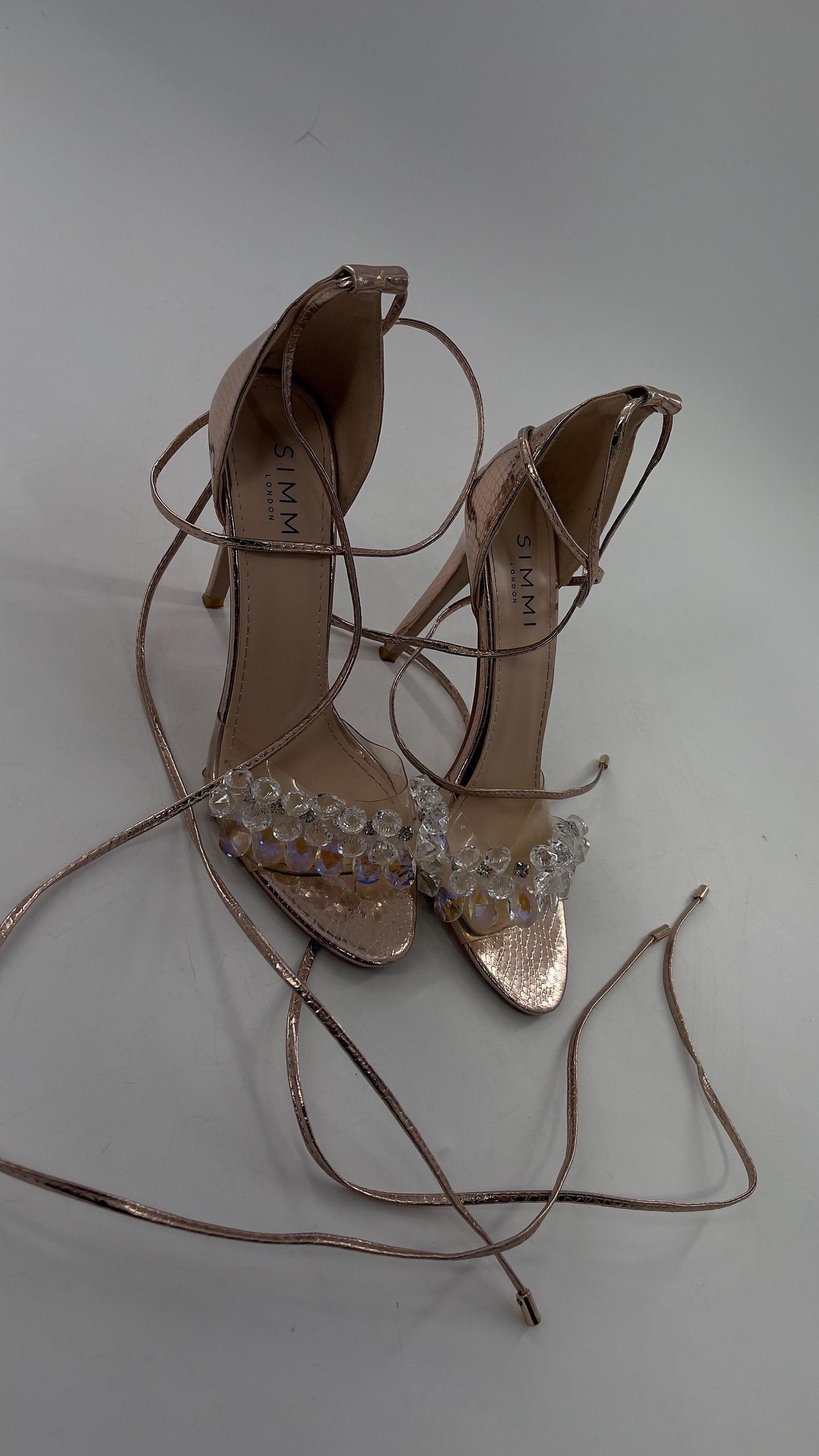 SIMMI LONDON Rose Gold Textured Heels with Clear Toe Strap Covered in Rhinestones/ Crystal Pendants and Tie Up Ankle Straps (7)