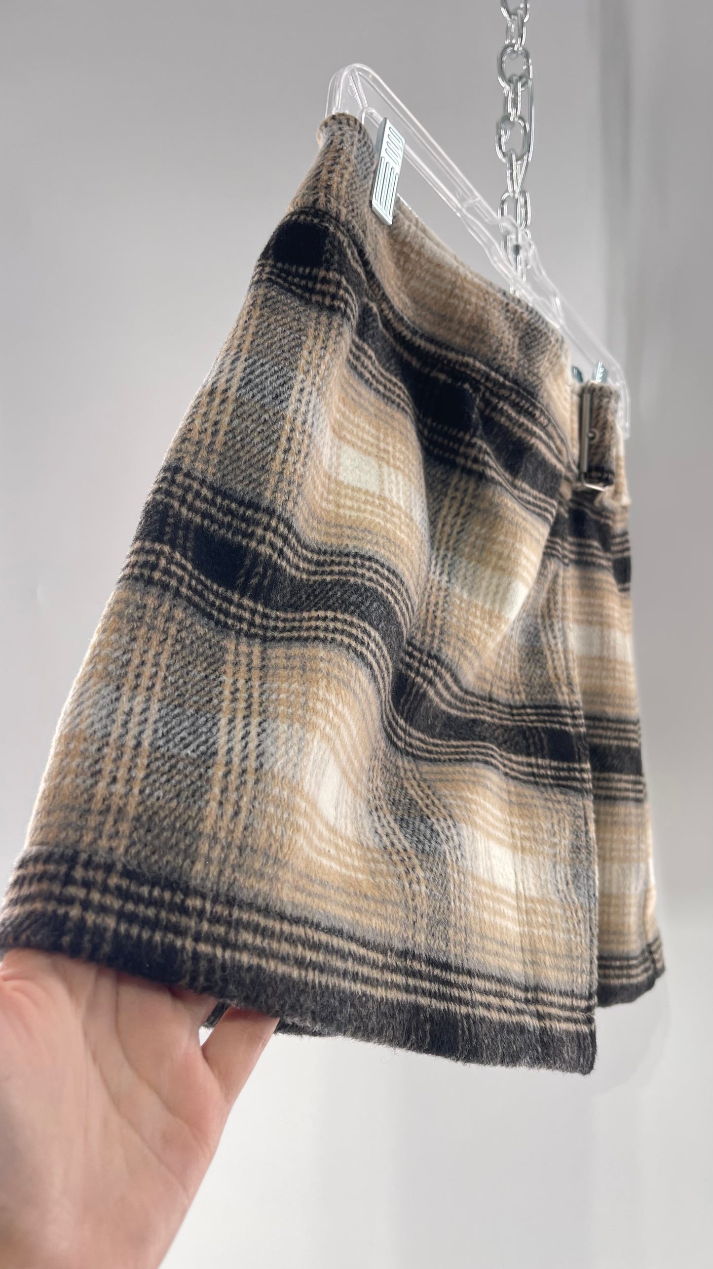 Free People Plaid Beige Gray Soft Mini Skirt with Side Slit and Built in Grommet Belt
