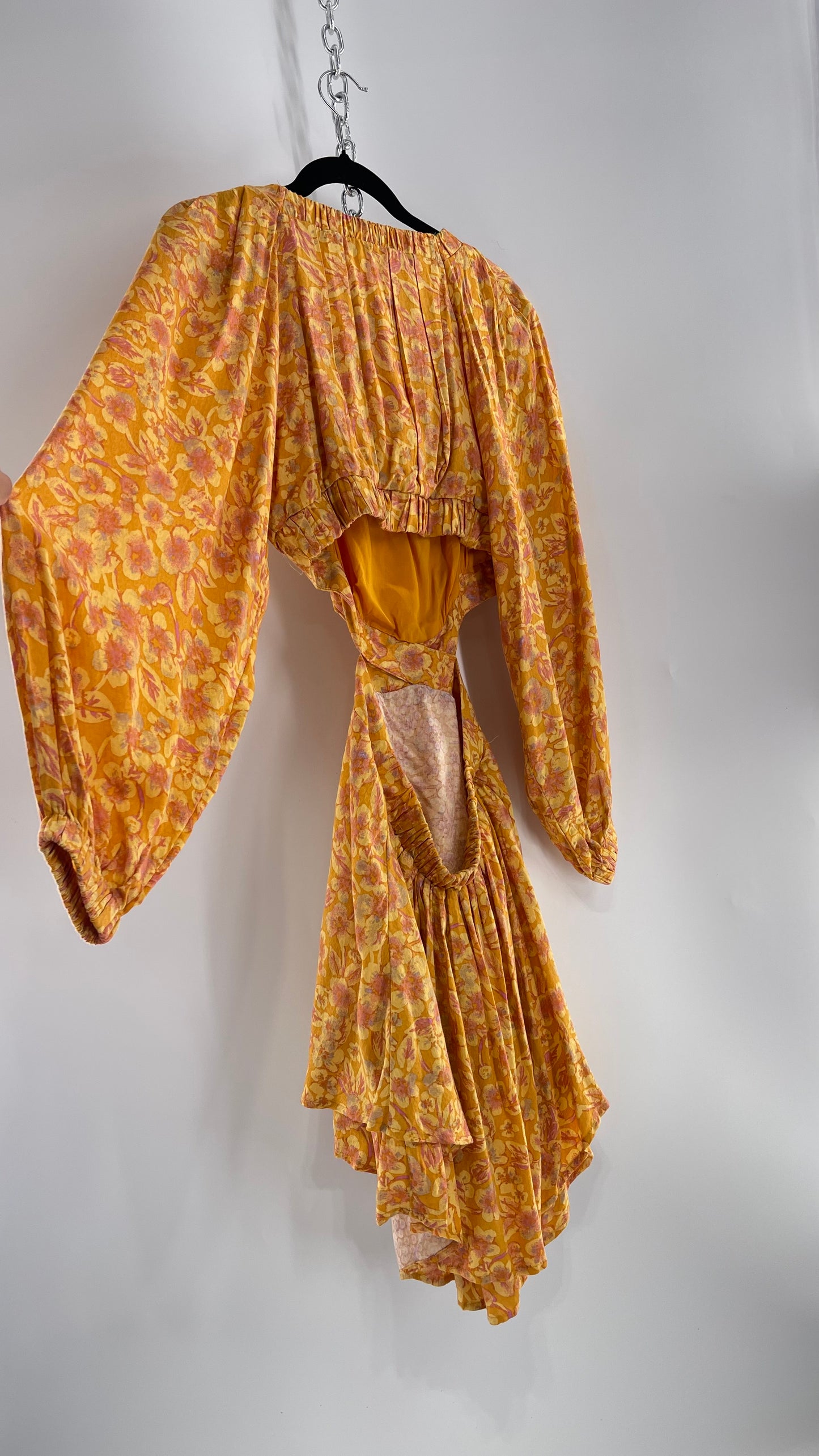 Free People Yellow Cut Out Golden Florals Dress with Ruched Bust and Balloon Sleeves (XS)