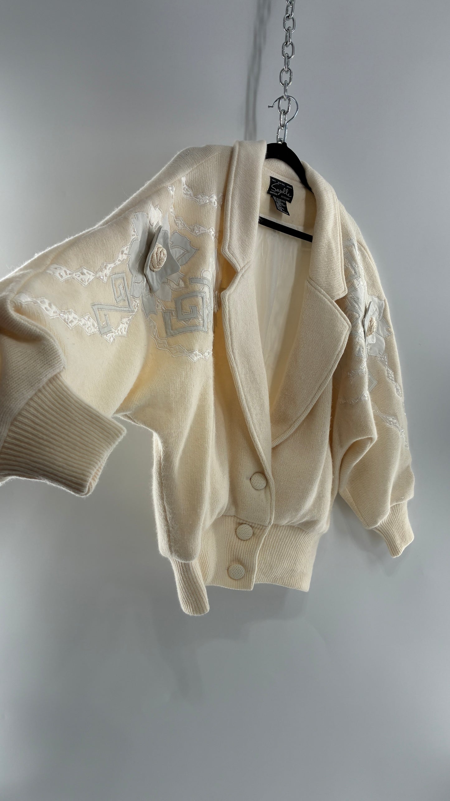 Vintage SUZELLE 70% Lambswool, 20% Angora Rabbit Off White Woven Bomber Jacket with Leather Flower Appliqués (Medium)