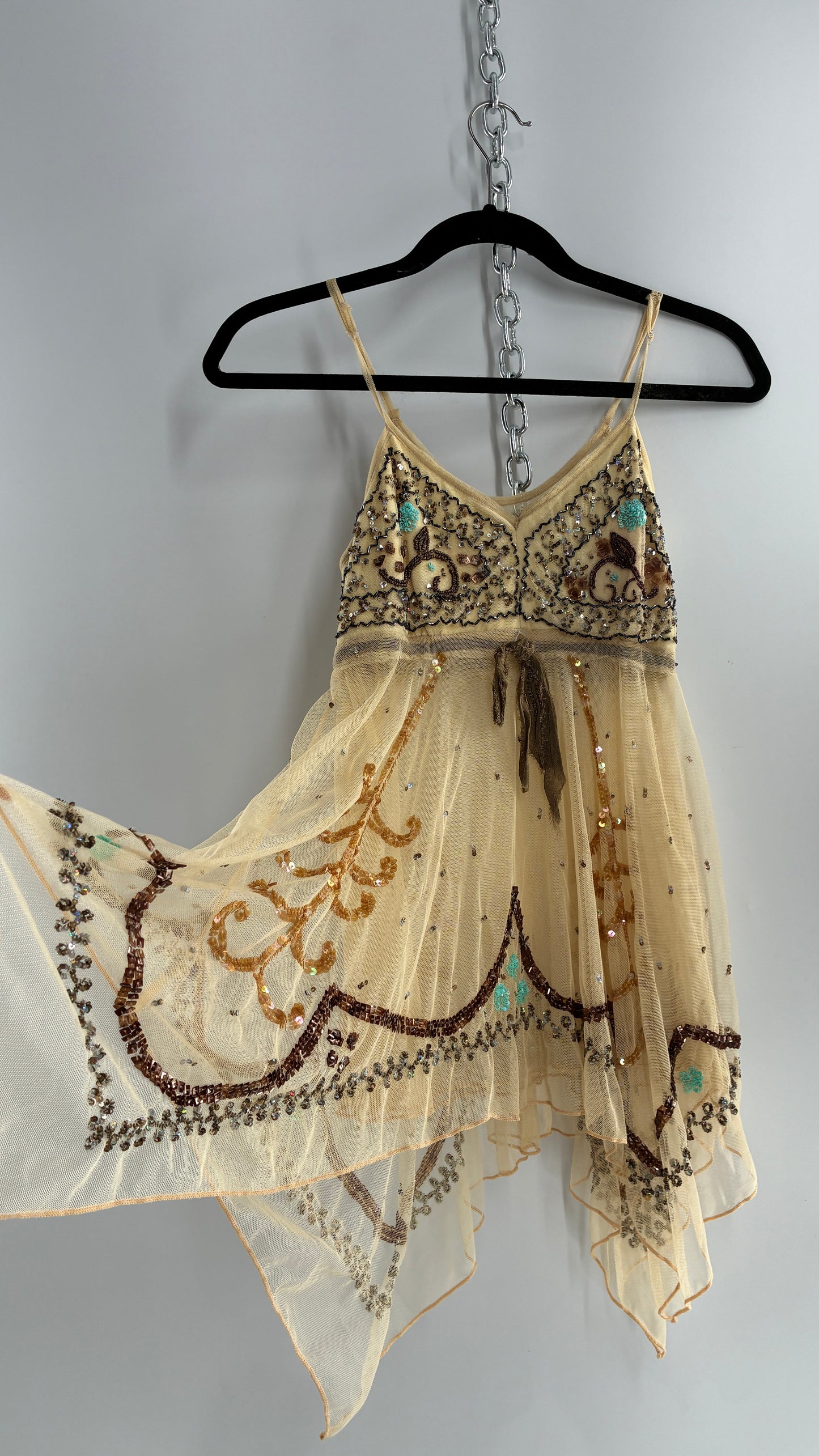 Handmade Beige Handkerchief Camisole with Hand Beaded Details (XS)