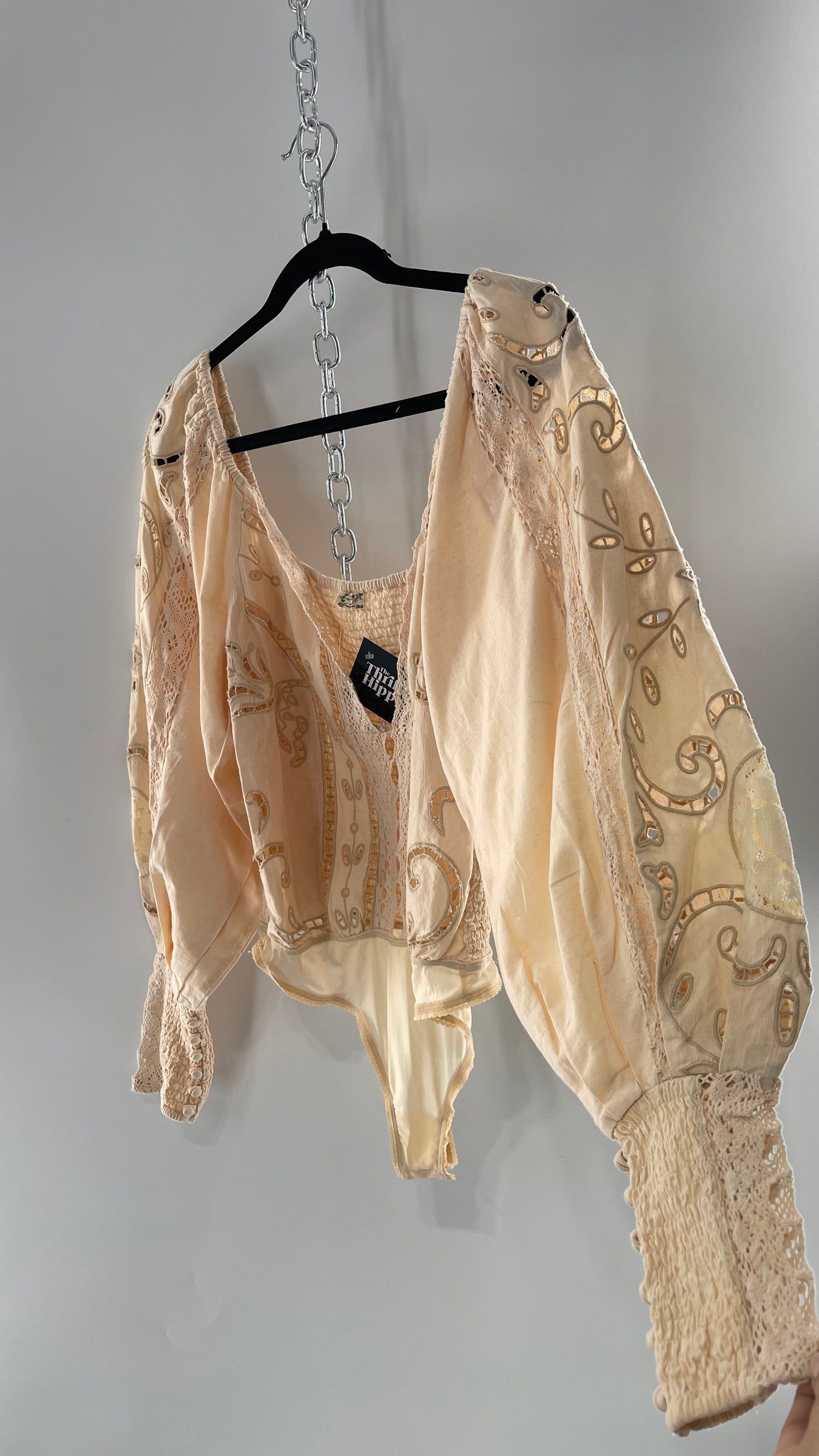 Free People Off White Cotton Bodysuit with Embroidered Lace Balloon Bishop Sleeve and Smocked, Buttoned Cuffs (Large)