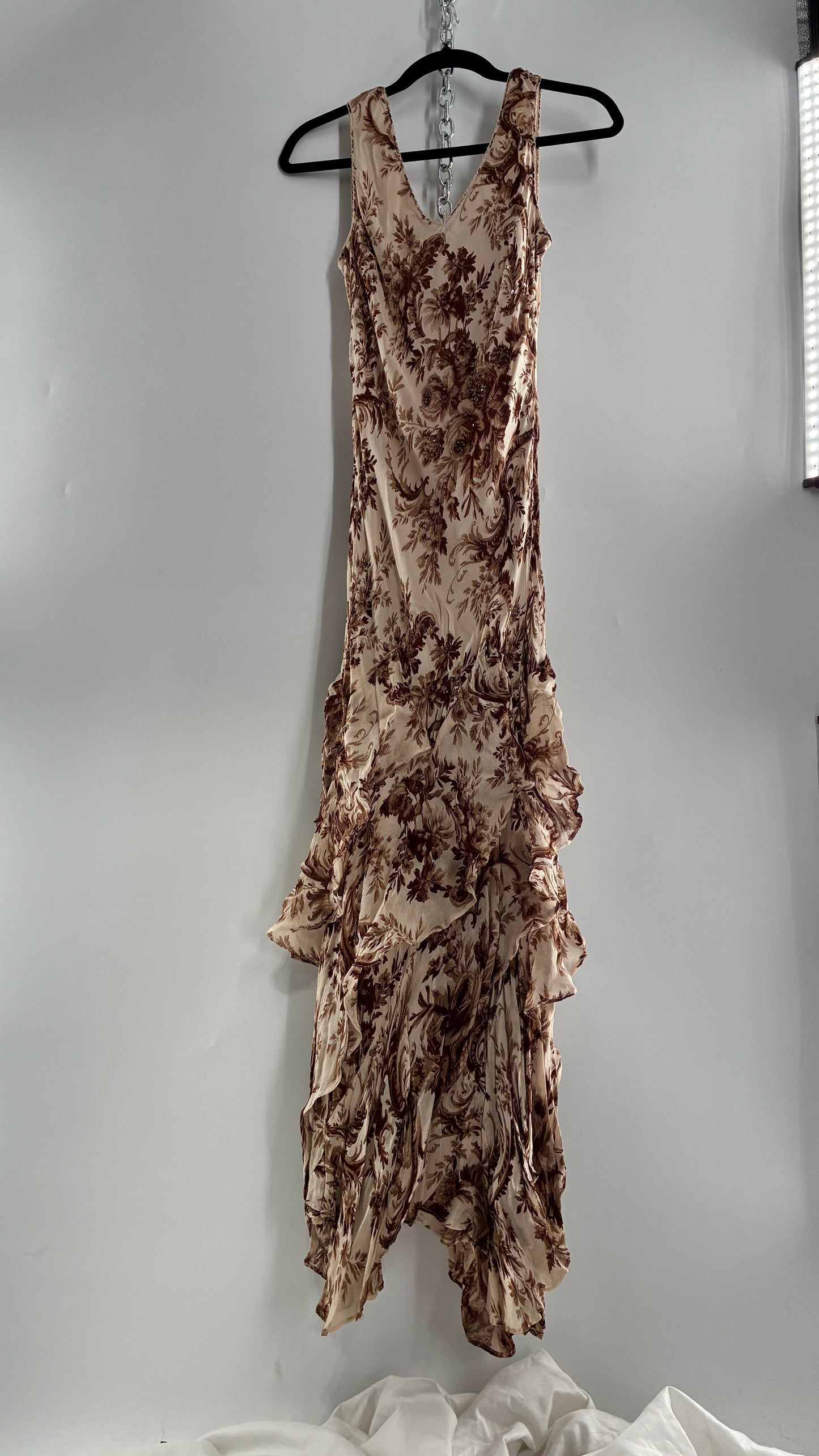 Vintage MAJICK 1990s Brown Floral, Asymmetric Ruffled Hem Gown with Embroidered Sequin Details (Medium)