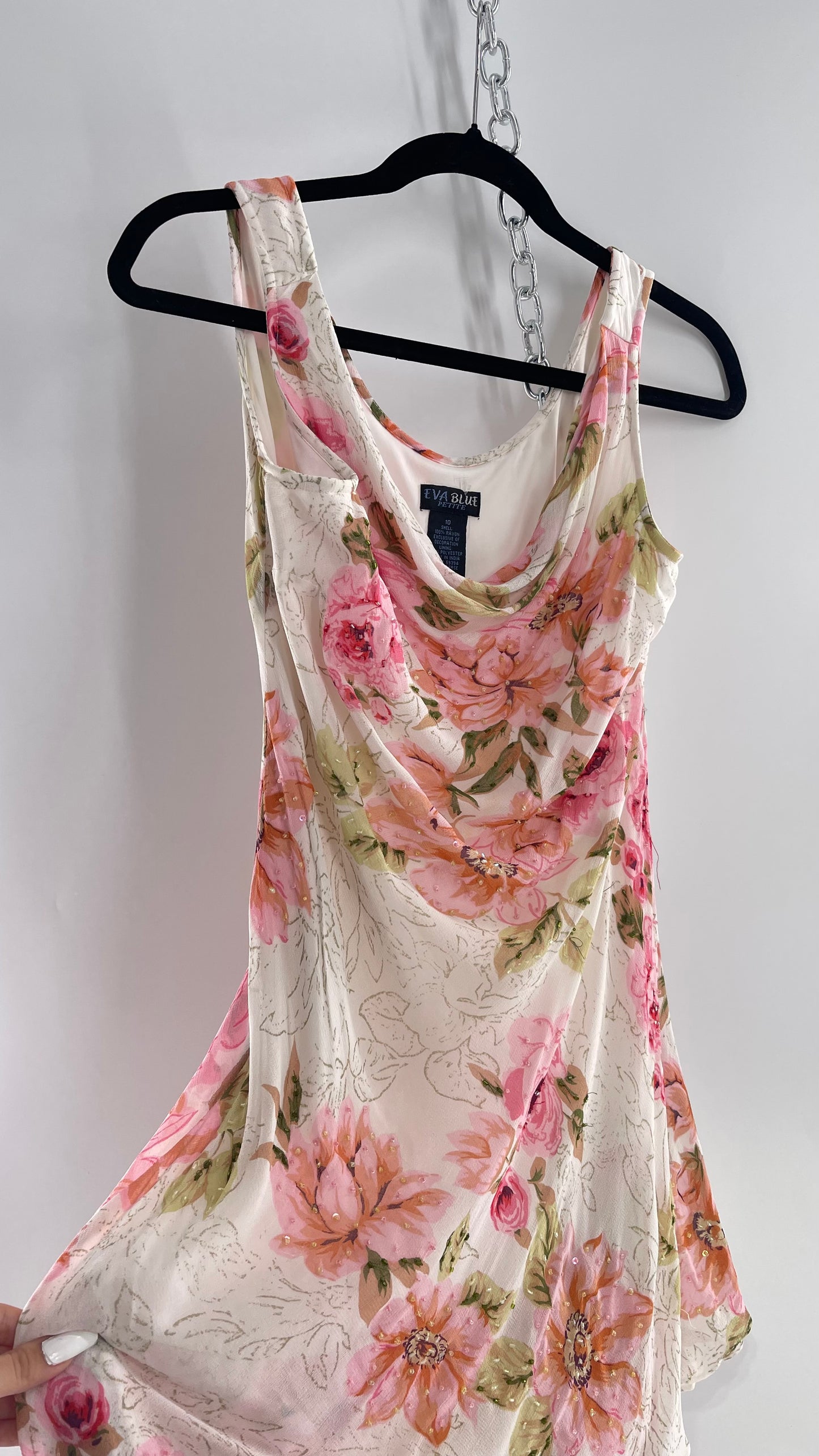 Vintage Eva Blue Pink Floral Draped Neck Sleeveless MIDI with Beading (10)