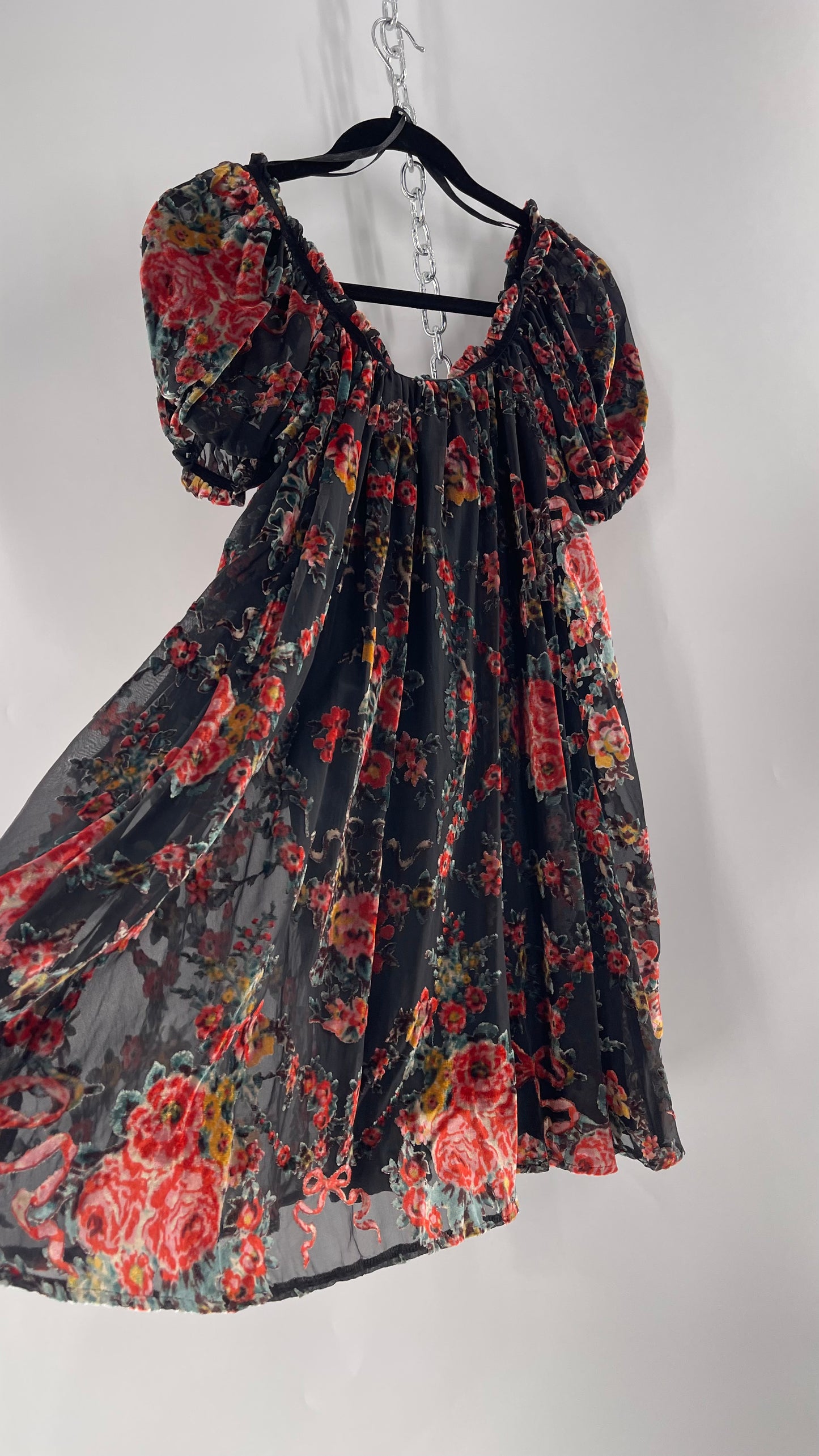 Free People Beautiful Blooms Velvet Florals Babydoll Dress (Small)