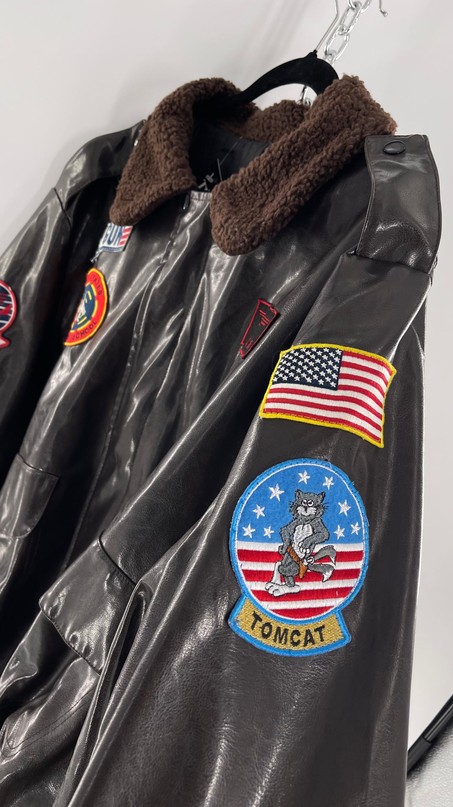 Vintage Dark Brown Top Gun Bomber Jacket with Patches and Teddy Sherpa Collar (Large)