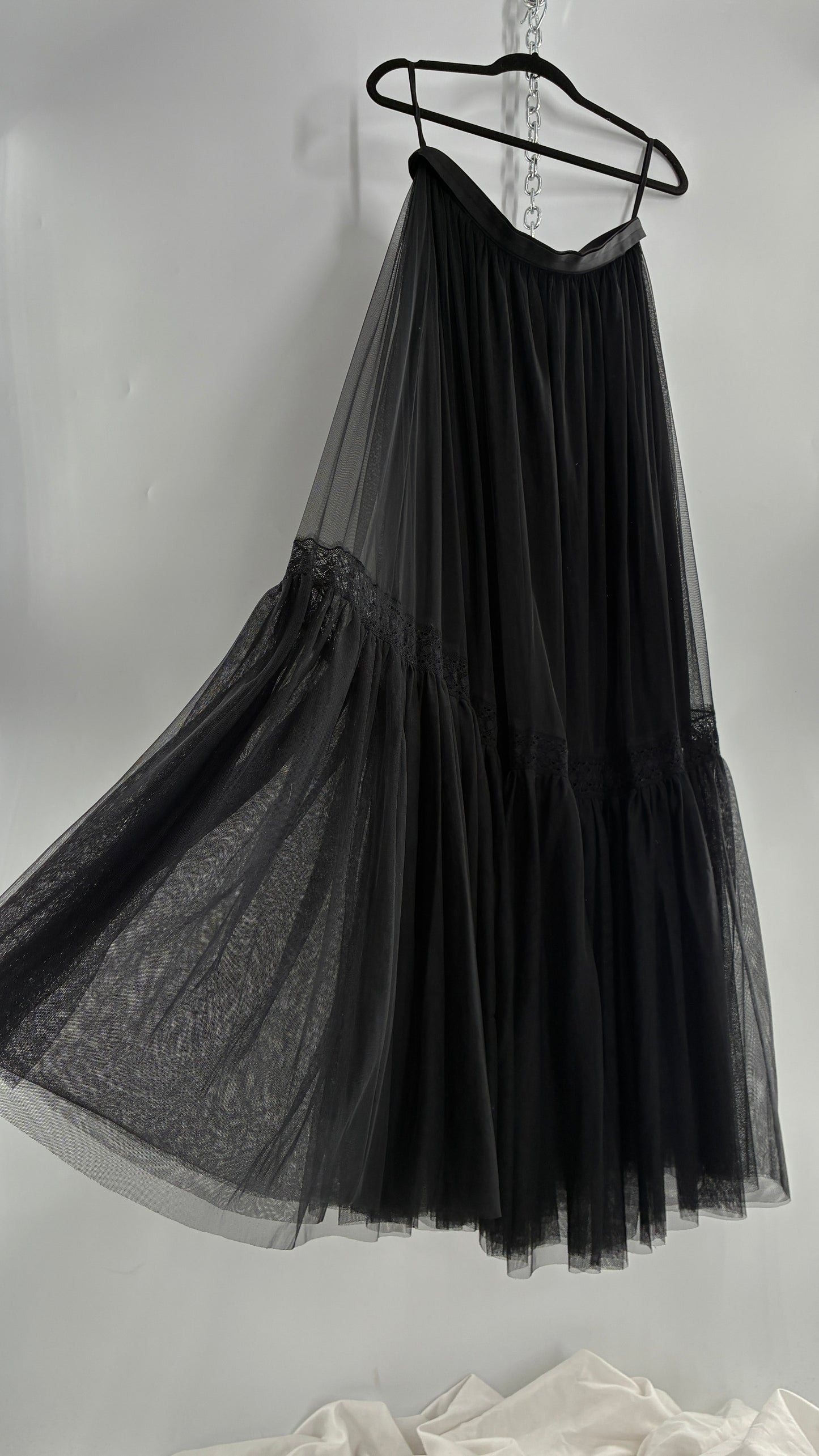 Needle & Thread Voluminous Black Multi Layer Mesh Full Length Skirt with Ribbon Waistline with Tags Attached (10)