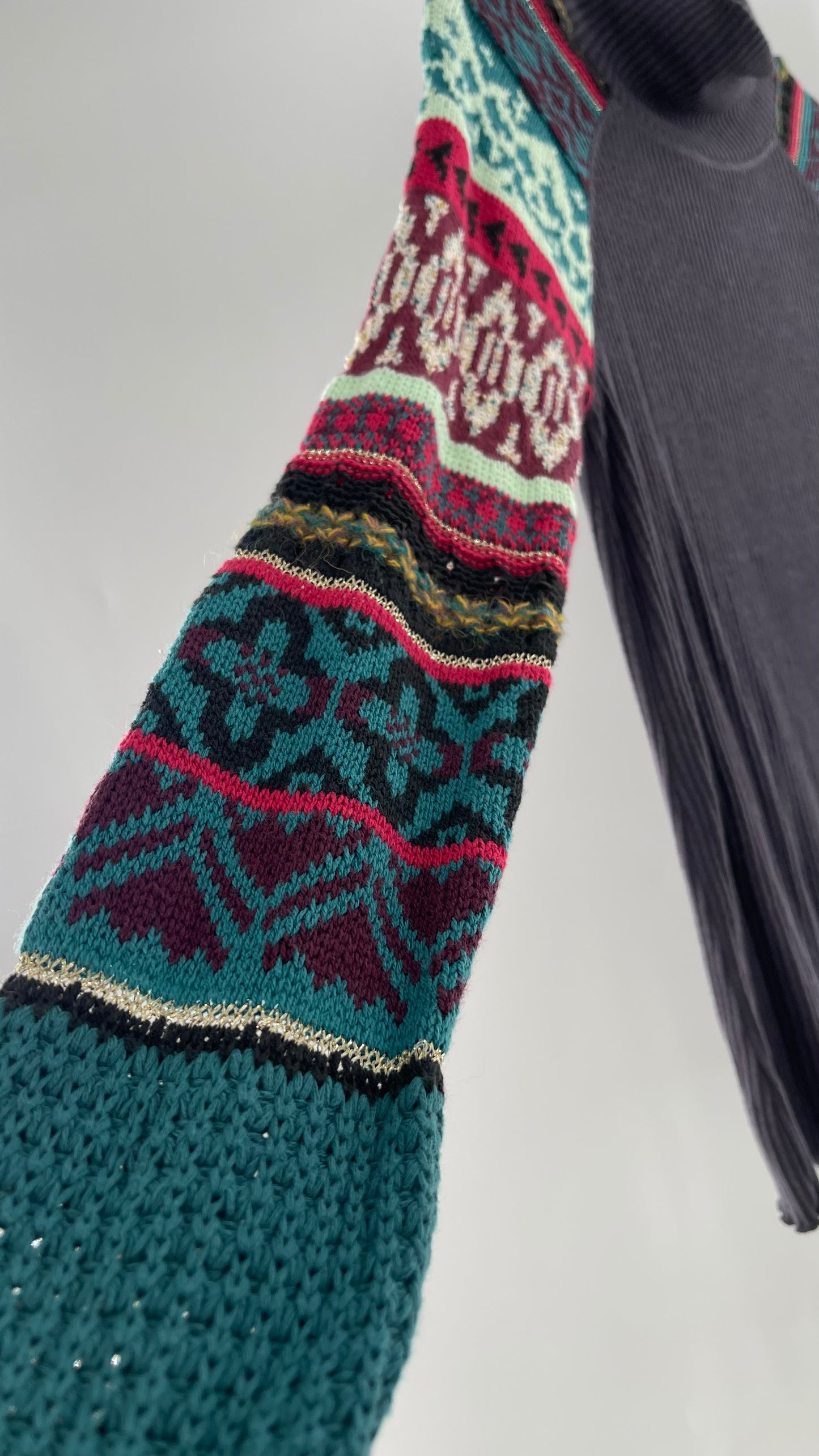 Free People Grey Cozy Knit with Colorful Patterned Knit Sleeves (Small)