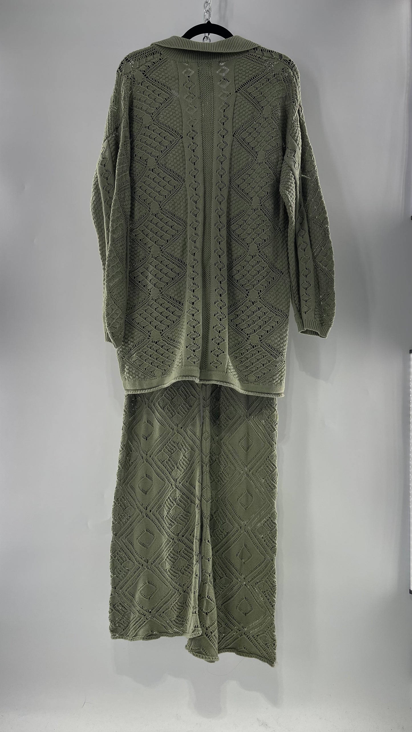 Free People Beach Sage Green Crochet Wooden Button Front Cardigan and Wide Leg Set (Medium)