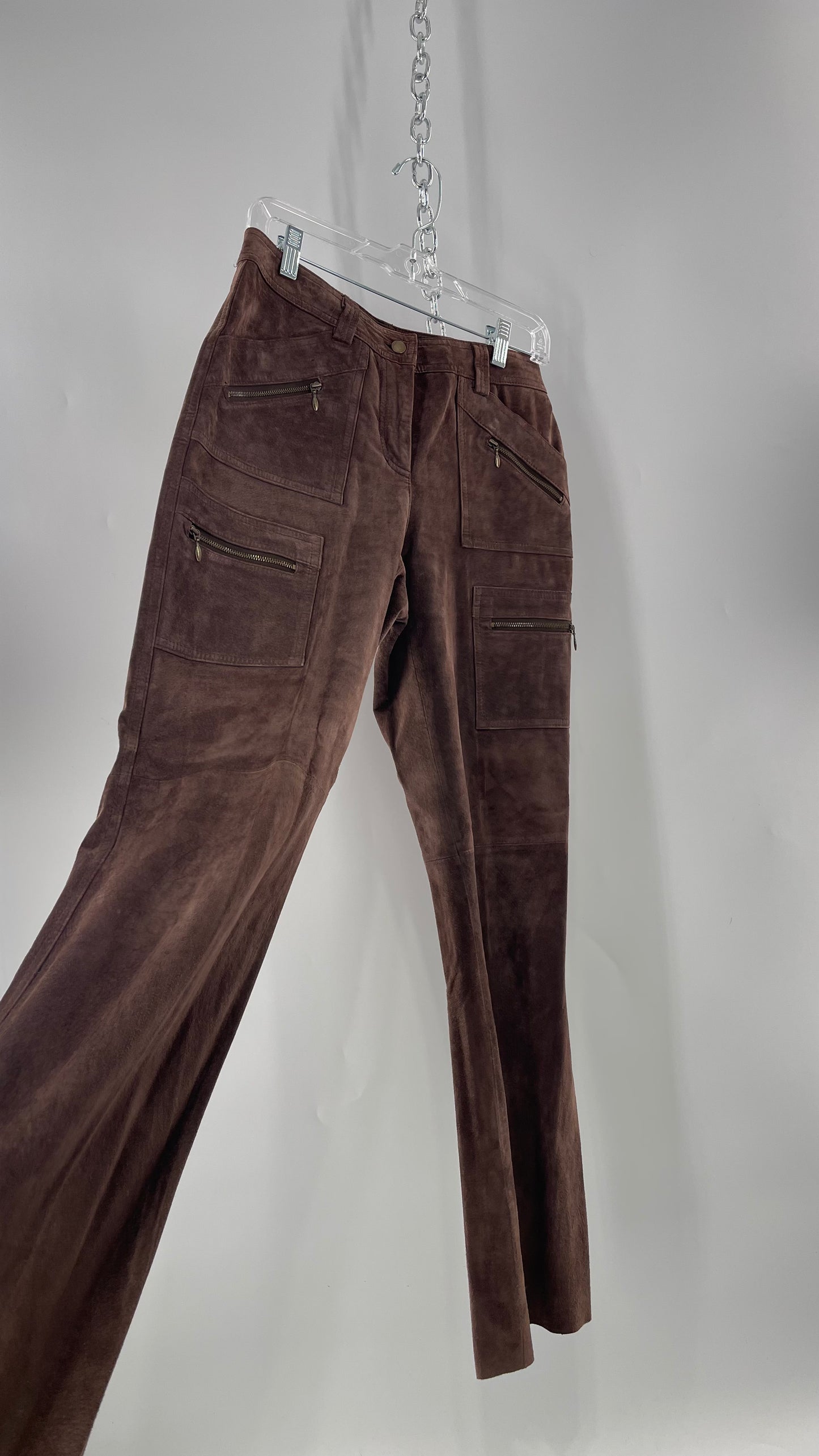Vintage Context Petit Brown Suede Straight Leg Cargos with Pockets and Bronze Zippers (8P)