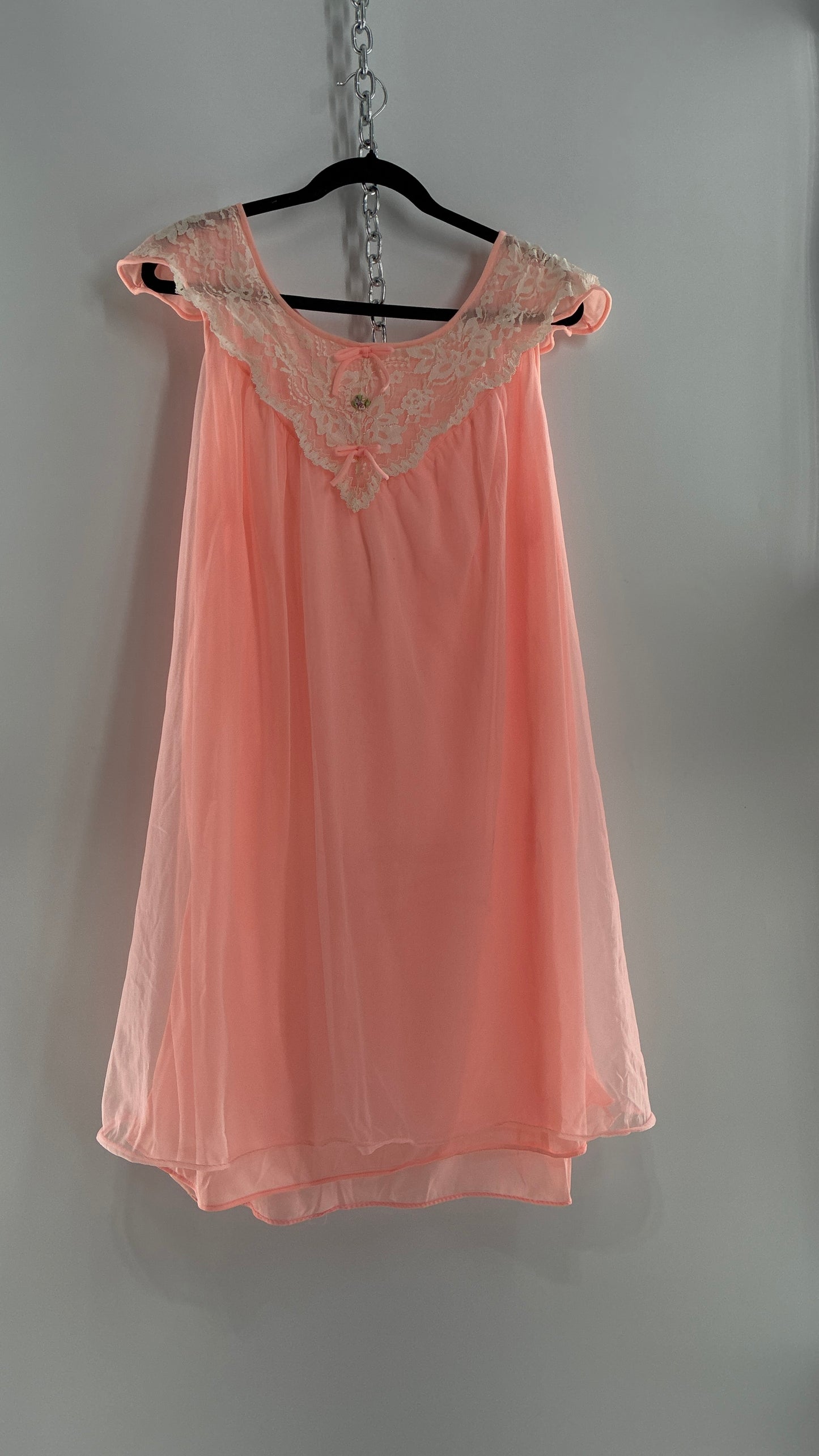 Vintage Neon Pink Babydoll Mini with Lace Sailor Style Neckline with Bows and Embroidery (48)