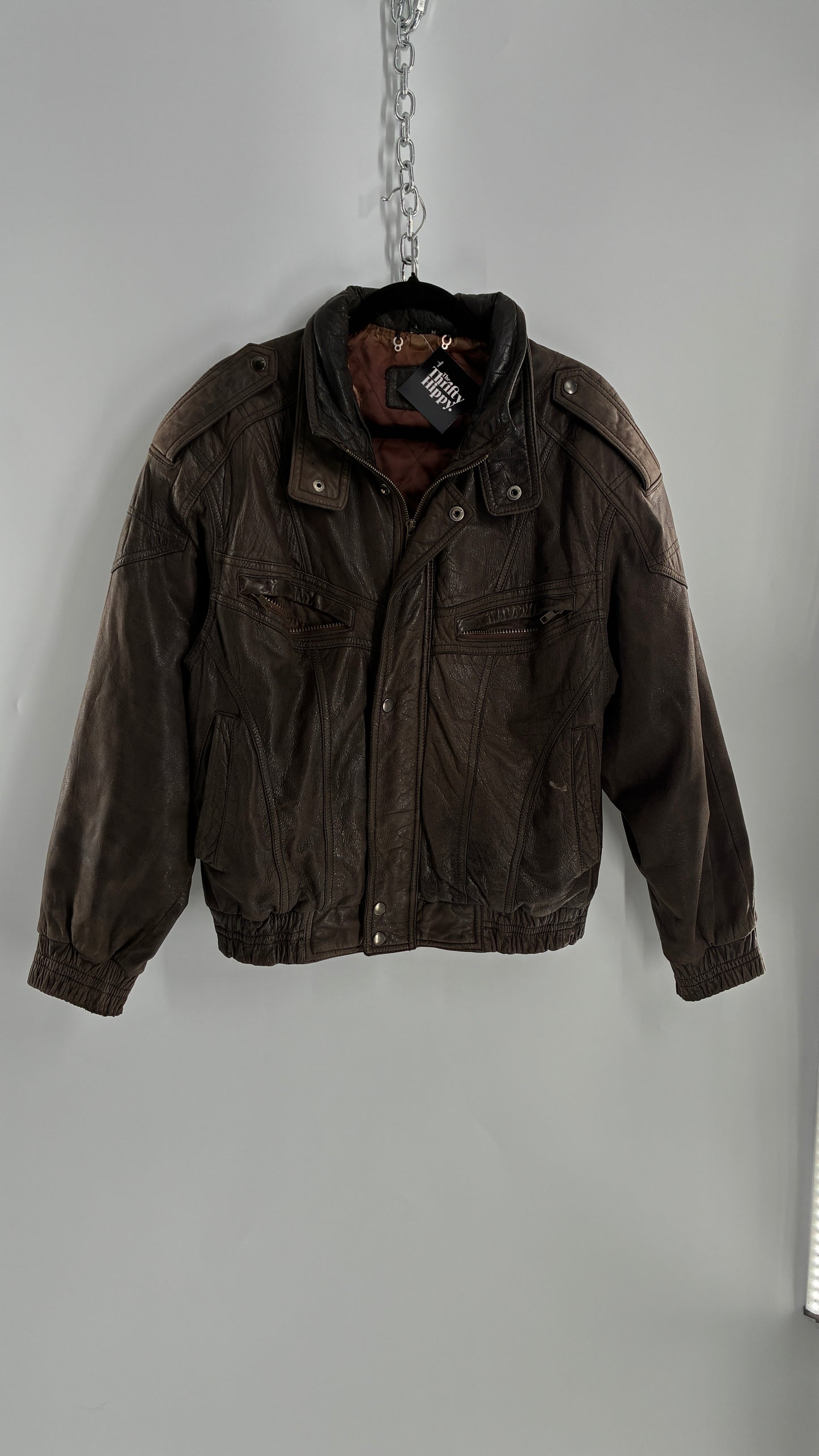 Vintage SAXONY Distressed Leather Bomber Jacket (Medium)
