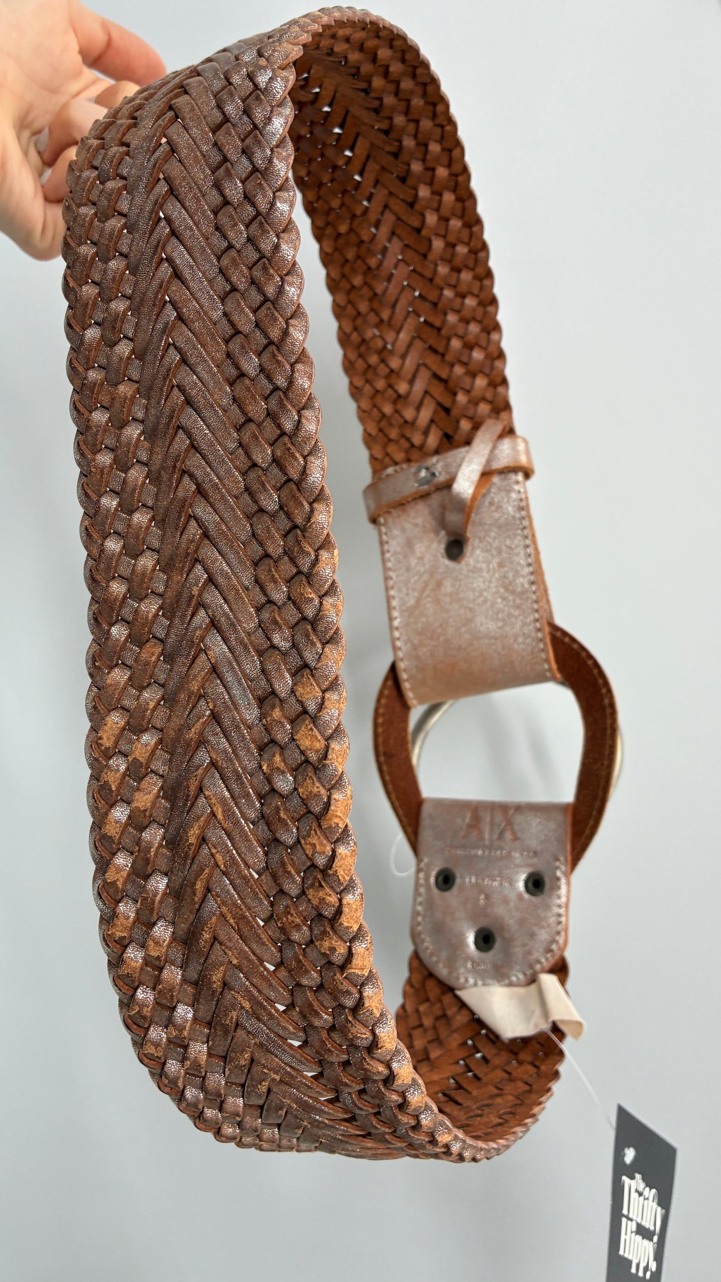 Vintage ARMANI Metallic Silver Thick Braided Leather Belt with Oversized Metal Loop Buckle (Small)