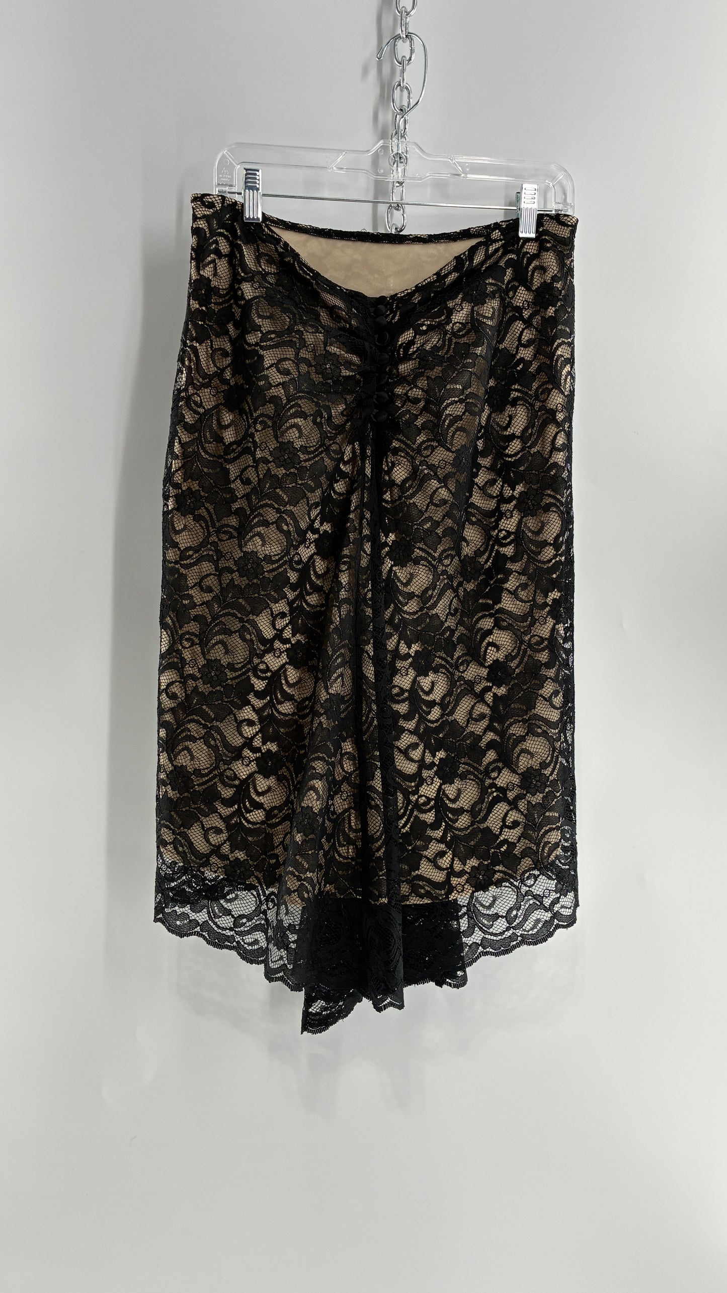 Vintage HEART MOON STARS Black Lace Overlay + Nude Underlay Skirt with Low Wired Back, Ruched Bum, and Button Down Back(8)