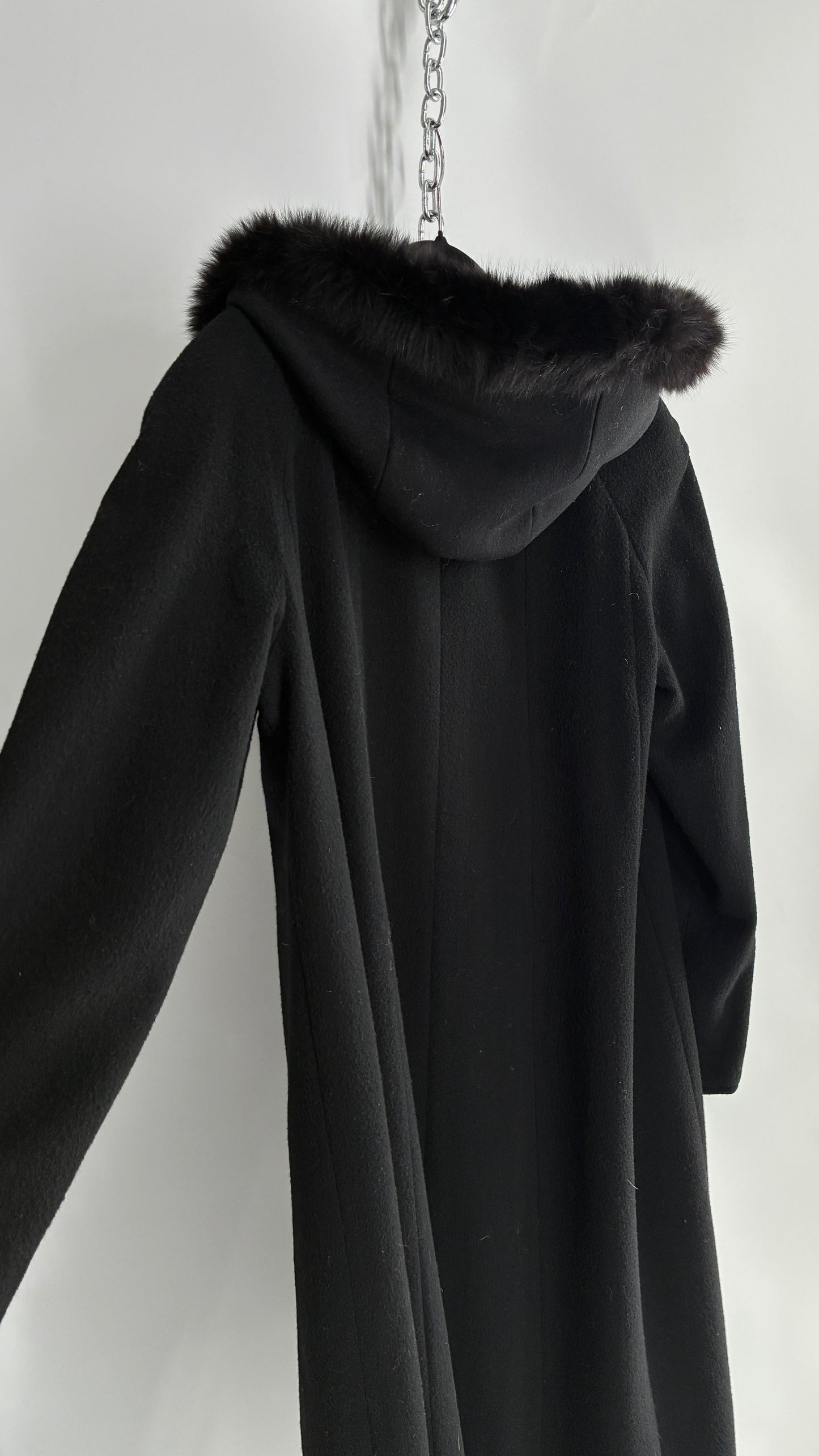 Vintage ANDREA COLLECTION Black Wool Blend Full Length Coat with Fur Trim Hood (12)