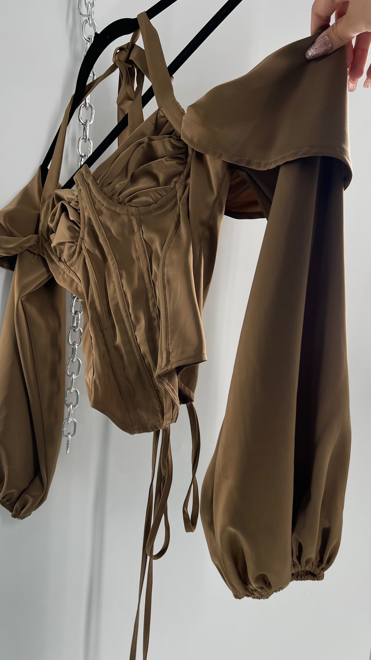 Pretty Little Thing Tan/Gold Corset Blouse with Draped Shoulders, Balloon Sleeves, Halter Strap and Lace Up Back (4)