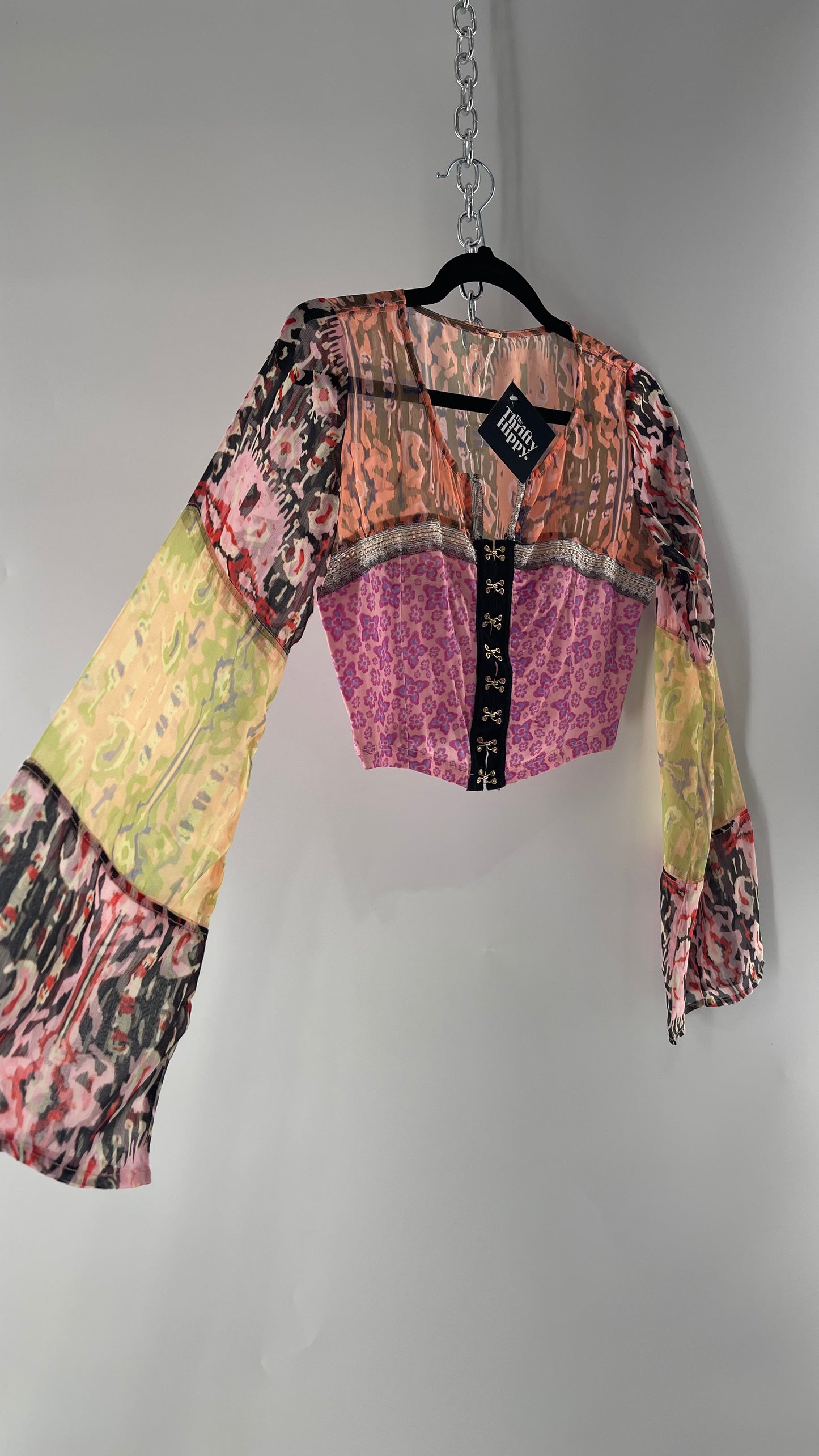 Free People Walk that Walk Mixed Pattern Sheer Bell Sleeve Colorful Crop (XS)