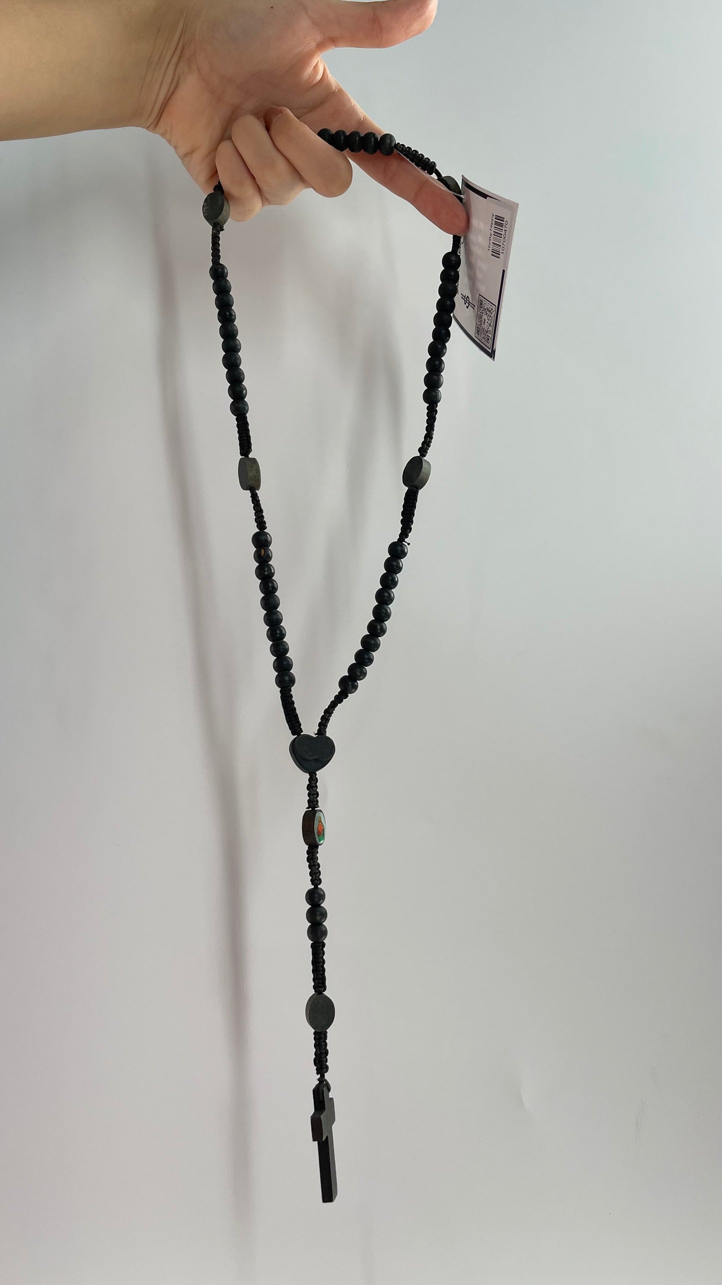 Vintage Black Rope Rosary Necklace Prayer Beads